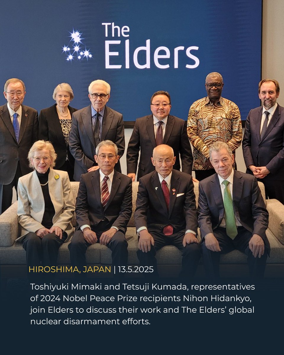 TheElders's tweet image. The Elders were honoured to meet with Toshiyuki Mimaki and Tetsuji Kumada from Nihon Hidankyo, and Keito Ogura, a survirvor of the Hiroshima atomic bombing. Their tireless work highlighting the human cost of #nuclearweapons is both humbling and inspiring. 

We endeavour to carry…