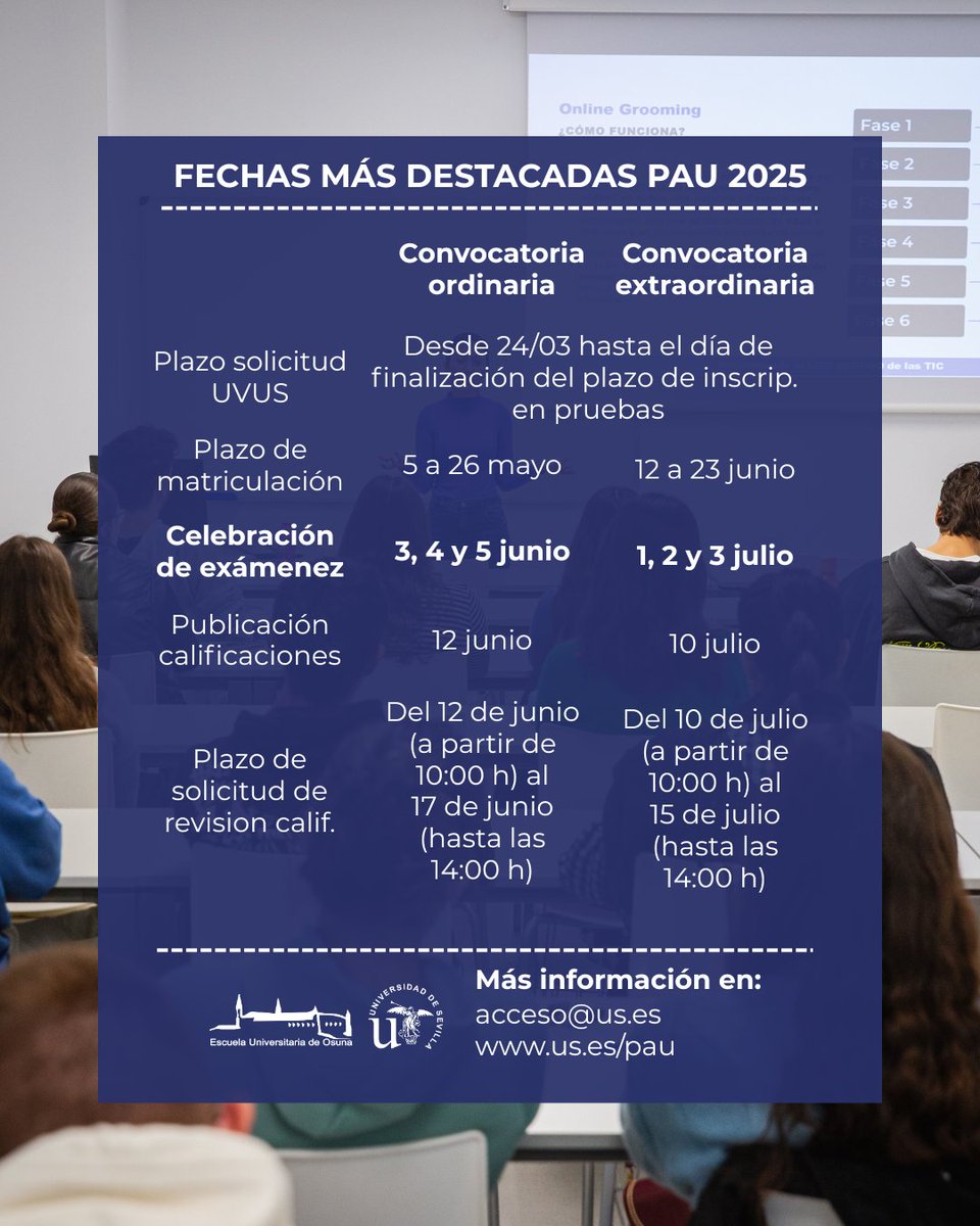 📢 Ya disponibles las fechas clave de la PAU 2025: matrícula, exámenes y revisión.

🗓 Ordinaria: 3-5 junio | Extraordinaria: 1-3 julio

ℹ️ +info 👉 us.es/pau

#PAU2025 #Selectividad2025 #AccesoUniversitario #EUO