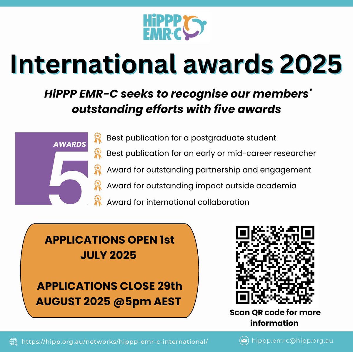 kim_bul's tweet image. Pre-announcements of our International Awards 2025 scheme. Open to all HiPPP EMR-C and associated members - the international collaboration award is open to non-members. Watch this space as the awards will open 1st July! #international #research #pregnancy #preconception #HiPPP