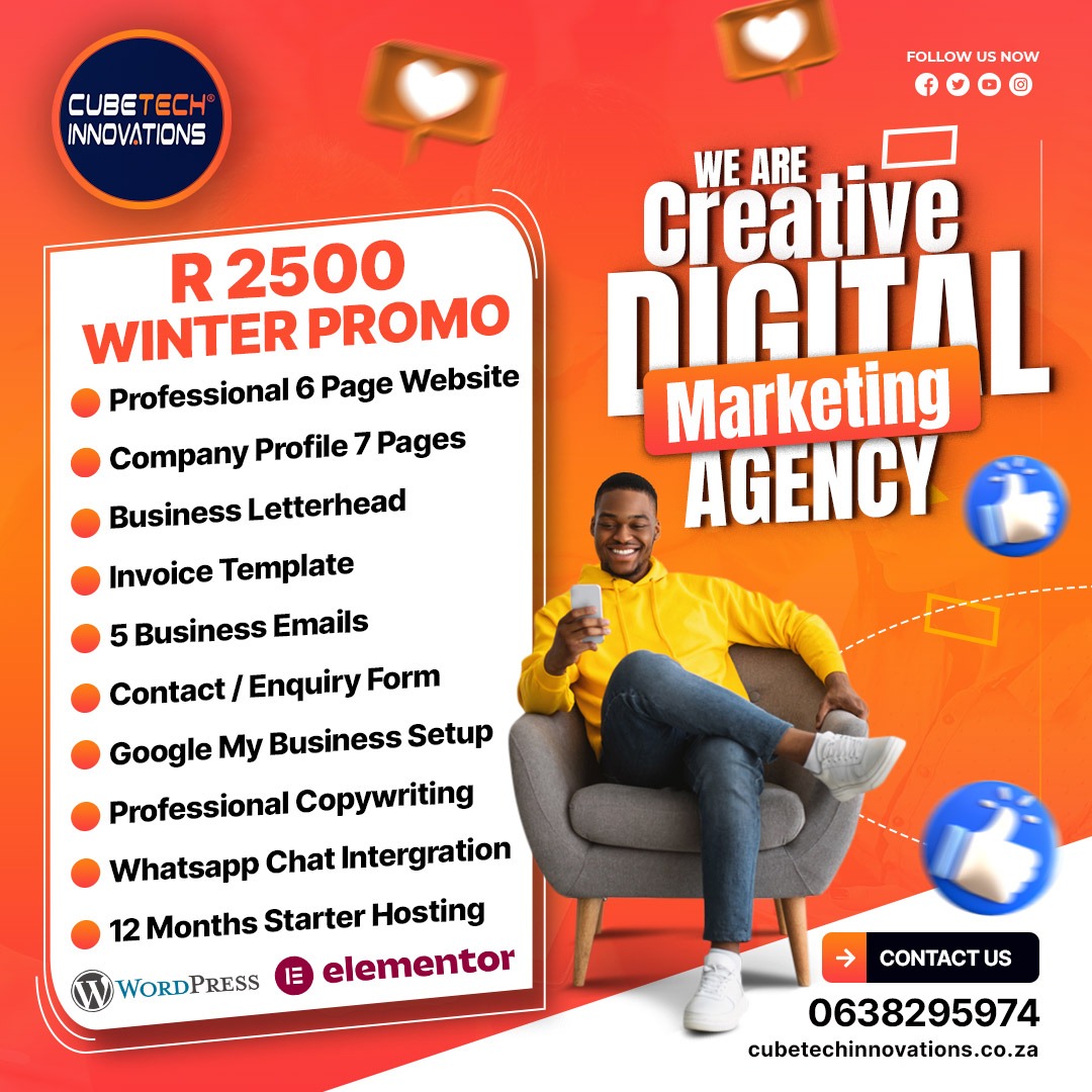 ❄️ Winter Promo Alert! ❄️

Warm up your business this winter with our Professional Website Package for just R2500!
Telephone: 010 745 3666
Call | App: +27 63 829 5974
Call | App: +27 78 169 5165
Click WhatsApp link for instant response
Whatsapp: wa.me/27638295974
