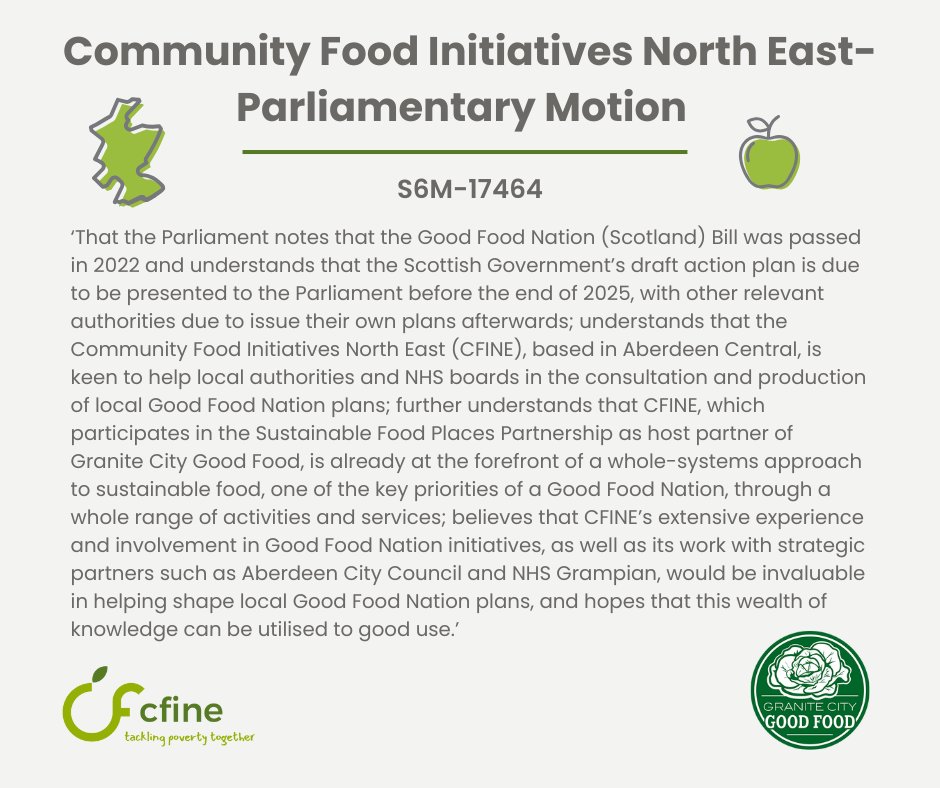 CFINEAberdeen's tweet image. Last week CFINE and Granite City Good Food were included in a parliamentary motion
The motion lodged by Kevin Stewart MSP recognises our proactive approach to the Good Food Nation action plan
You can read the full motion below 👇
#AberdeenCity #GoodFoodNation @GC_GoodFood