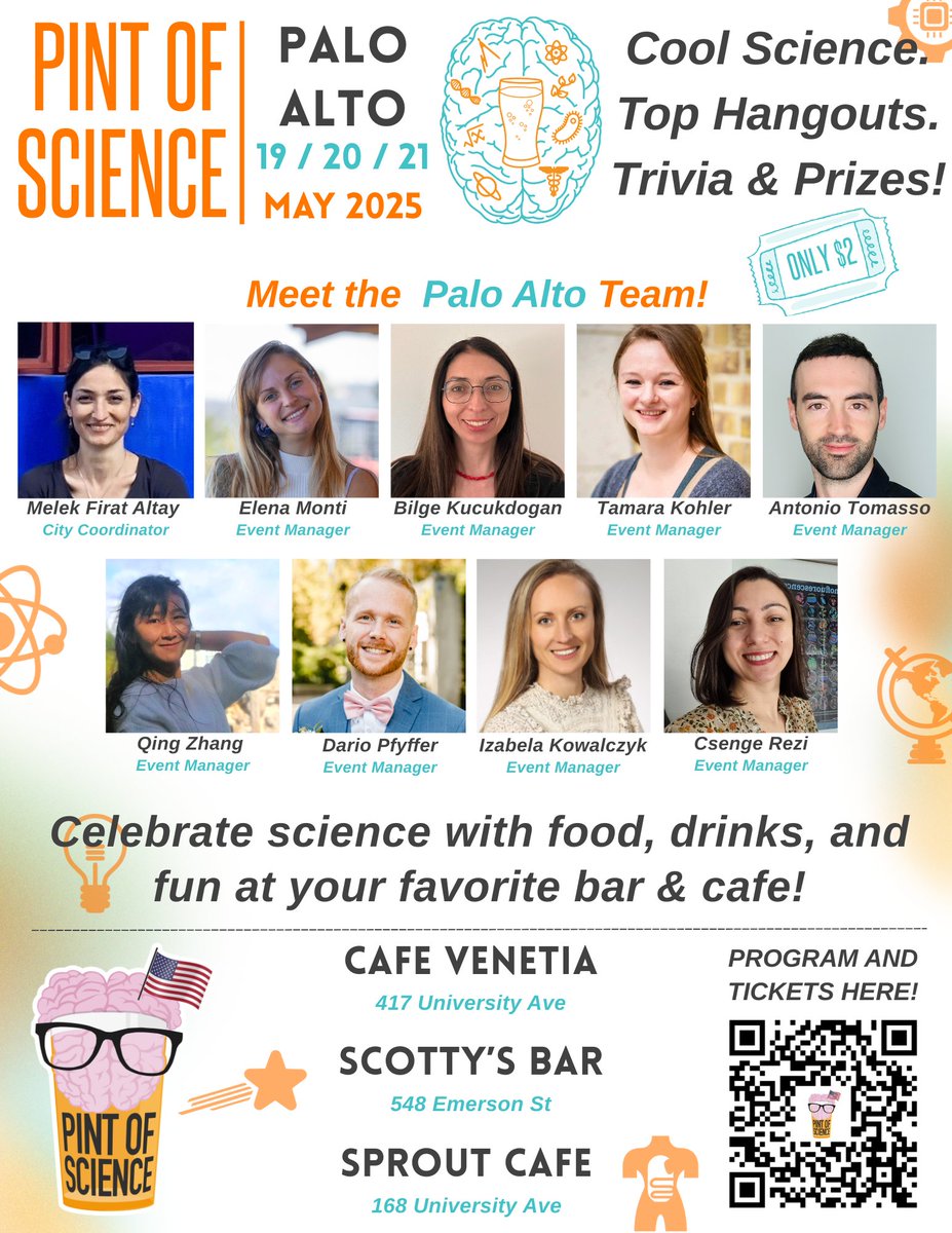 🔬🌍✨Pint of Science Festival comes to Palo Alto, May 19–21! Join us for 27 amazing speakers over 3 nights at Cafe Venetia, Scotty's Bar, &amp; Sprout Cafe. Enjoy cutting-edge talks with food🍔, drinks🍹, and trivia🎁!
🎟️$2 tickets: pintofscience.us/events/palo-al…
#pint25
