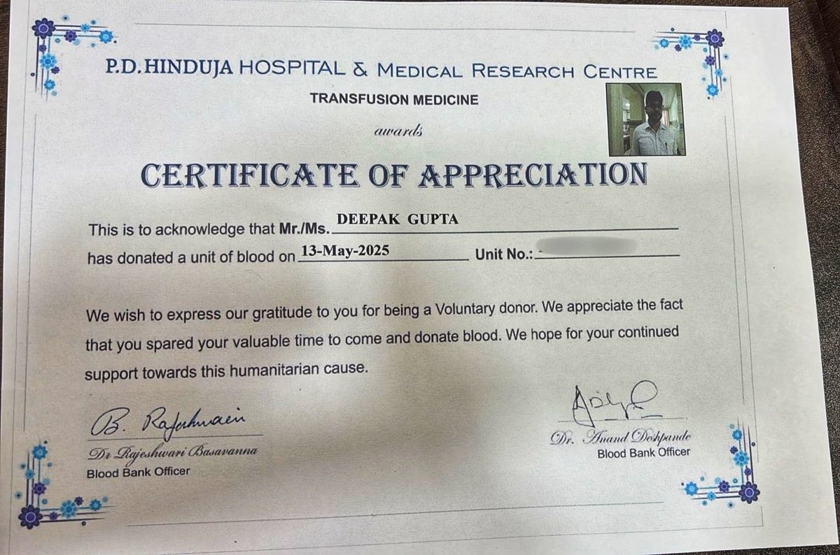 India Cares (@indiacares_2020) on Twitter photo Our heartfelt gratitude to Mr. Deepak Gupta for donating blood today for the patient at <a href="/HospitalHinduja/">P. D. Hinduja Hospital</a>, #Mumbai, who is battling severe respiratory infection, sepsis, and pancytopenia. With critically low platelet counts and ongoing bleeding, he urgently requires regular Our heartfelt gratitude to Mr. Deepak Gupta for donating blood today for the patient at <a href="/HospitalHinduja/">P. D. Hinduja Hospital</a>, #Mumbai, who is battling severe respiratory infection, sepsis, and pancytopenia. With critically low platelet counts and ongoing bleeding, he urgently requires regular