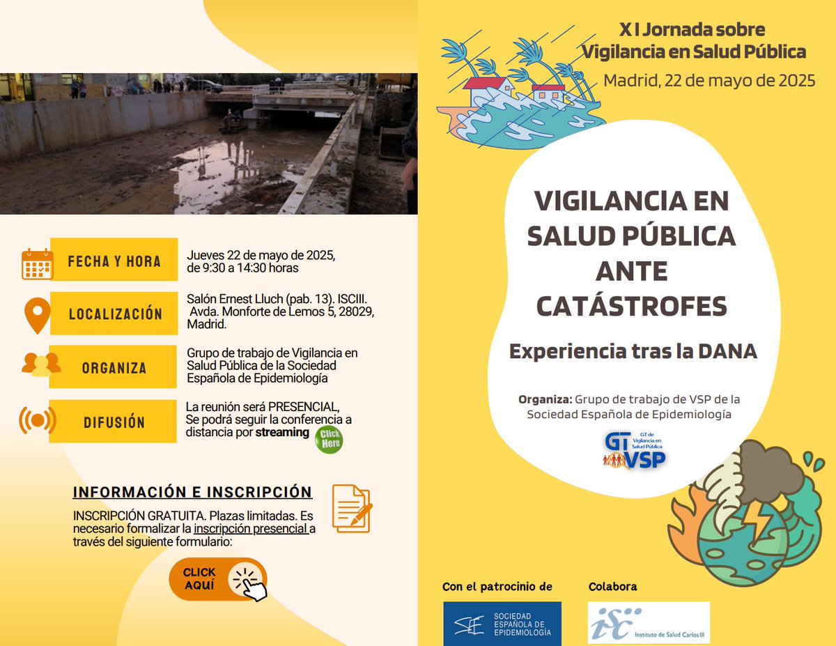 SEE (@seepidemiologia) on Twitter photo 🗓️El 22 de mayo, la XI Jornada sobre Vigilancia en Salud Pública de <a href="/seepidemiologia/">SEE</a> abordará la respuesta a catástrofes como la DANA para mejorar la preparación ante futuras emergencias.
📍9:30h. Salón Ernest Lluch (<a href="/SaludISCIII/">Instituto de Salud Carlos III (ISCIII)</a>)
📲Presencial y online
seepidemiologia.es/wp-content/upl… 🗓️El 22 de mayo, la XI Jornada sobre Vigilancia en Salud Pública de <a href="/seepidemiologia/">SEE</a> abordará la respuesta a catástrofes como la DANA para mejorar la preparación ante futuras emergencias.
📍9:30h. Salón Ernest Lluch (<a href="/SaludISCIII/">Instituto de Salud Carlos III (ISCIII)</a>)
📲Presencial y online
seepidemiologia.es/wp-content/upl…