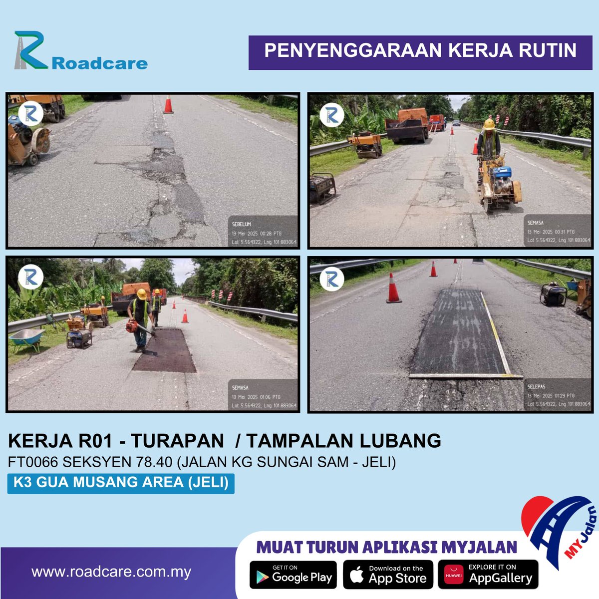 Kerja turapan / tampalan lubang (R01) di laluan FT0066 Jalan Sg Sam - Jeli, Jajahan Jeli Kelantan oleh #teamroadcare 

<a href="/jkrguamusang/">JKR Gua Musang</a> 
<a href="/BhgJalan_Kelate/">Bhg Jalan JKR Kelantan</a> 
<a href="/IPJKR_Official/">JKR Malaysia Rasmi</a> 
<a href="/ZTTCSFJ/">ZTT CSFJ</a> 
<a href="/JKRKelantan/">ᴊᴋʀ ɴᴇɢᴇʀɪ ᴋᴇʟᴀɴᴛᴀɴ</a> 
<a href="/Roadcare_HQ/">ROADCARE (M) SDN BHD</a> 
<a href="/Roadcare_Kelntn/">ROADCARE WILAYAH KELANTAN</a>