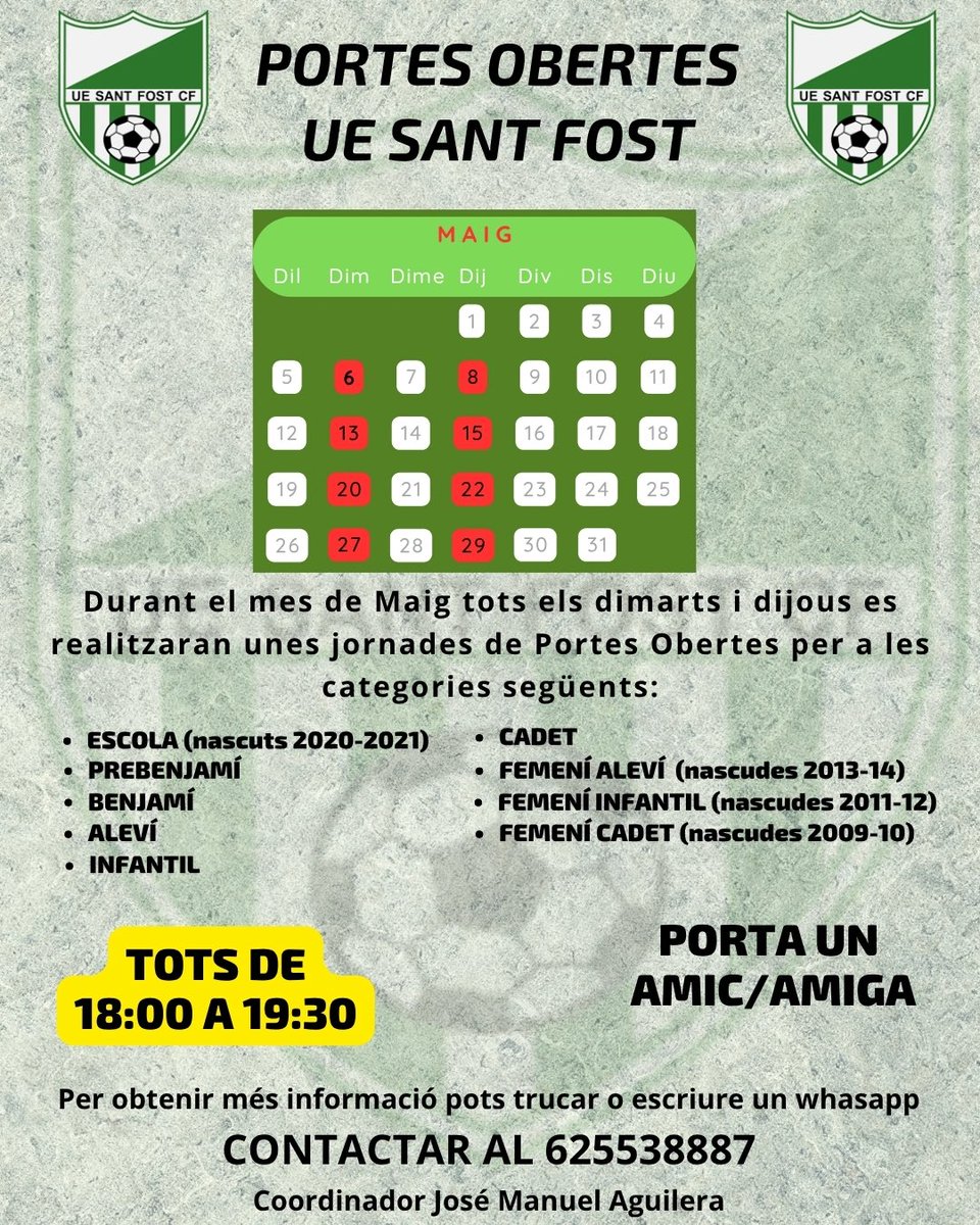 uesantfost's tweet photo. Durant el mes de Maig tots els dimarts i dijous es realitzaran unes jornades de Portes Obertes https://t.co/CNkqC5ItAI