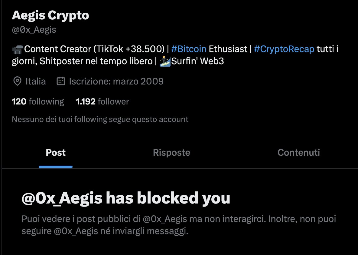 Aegis Crypto (@0xaegis) on Twitter photo Stanno cercando di rubarmi l'identitร , purtroppo in questo ultimo periodo sta succedendo troppo spesso a tanti creator della community italiana.
Mi aiutate a segnalare questo maledetto: <a href="/0x_Aegis/">Thiago Nigro</a>
OCCHIO A CHI VI SCRIVE IN PRIVATO, NON SONO IO! Stanno cercando di rubarmi l'identitร , purtroppo in questo ultimo periodo sta succedendo troppo spesso a tanti creator della community italiana.
Mi aiutate a segnalare questo maledetto: <a href="/0x_Aegis/">Thiago Nigro</a>
OCCHIO A CHI VI SCRIVE IN PRIVATO, NON SONO IO!