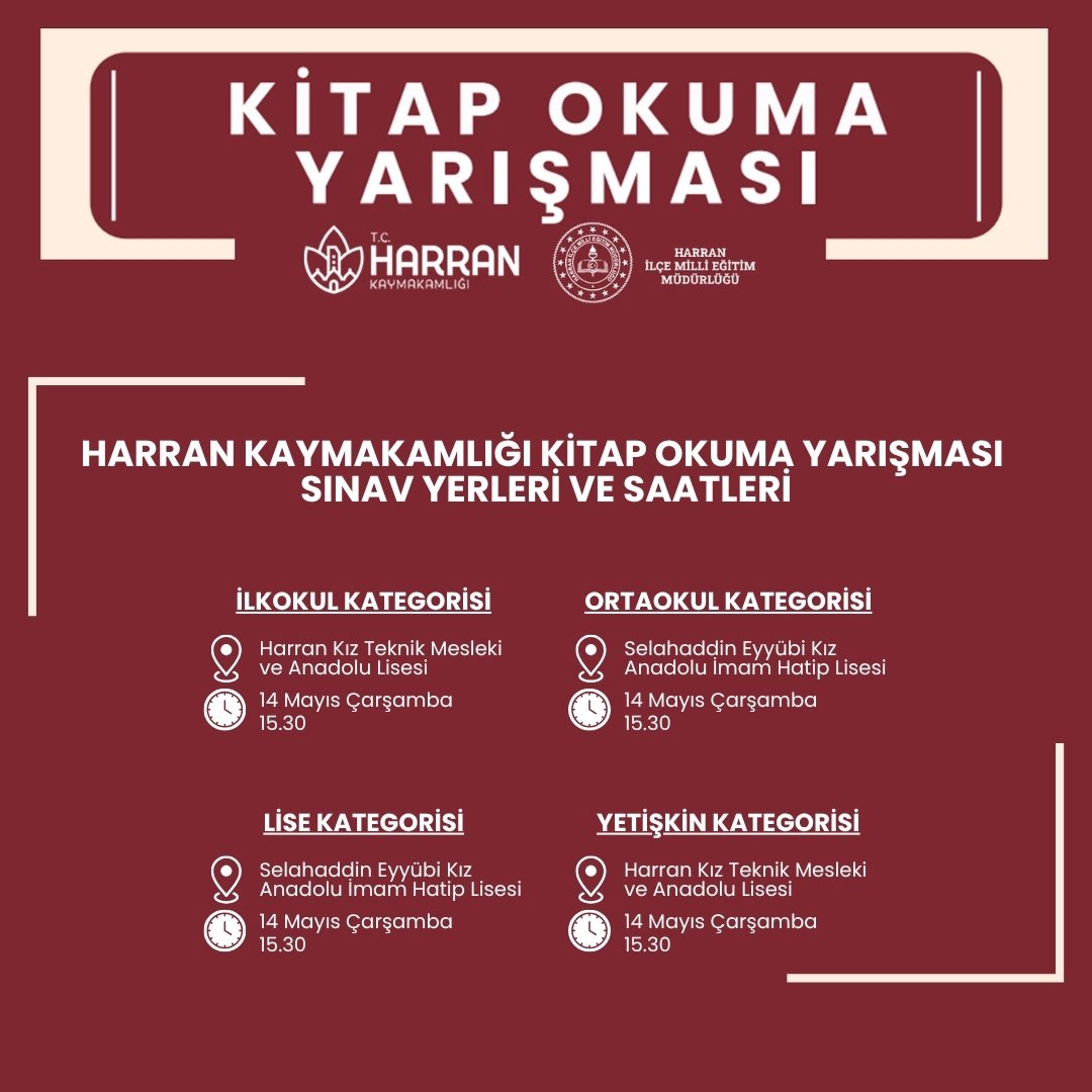 Harran Kaymakamlığı (@harrankaymakam) on Twitter photo 📚Harran Kitap Okuma Yarışması 14 Mayıs 2025 tarihinde düzenlenecek olup sınav yeri ve saatleri belirtilmiştir. Yarışmaya katılacak tüm öğrenci ve vatandaşlarımıza duyurulur. 📢
🌟Tüm katılımcılarımıza başarılar dileriz.
<a href="/UrfaValiligi/">T.C. ŞANLIURFA VALİLİĞİ</a> <a href="/hasansildak/">Hasan ŞILDAK</a> <a href="/HarunResitHan/">Harun Reşit HAN</a> 📚Harran Kitap Okuma Yarışması 14 Mayıs 2025 tarihinde düzenlenecek olup sınav yeri ve saatleri belirtilmiştir. Yarışmaya katılacak tüm öğrenci ve vatandaşlarımıza duyurulur. 📢
🌟Tüm katılımcılarımıza başarılar dileriz.
<a href="/UrfaValiligi/">T.C. ŞANLIURFA VALİLİĞİ</a> <a href="/hasansildak/">Hasan ŞILDAK</a> <a href="/HarunResitHan/">Harun Reşit HAN</a>