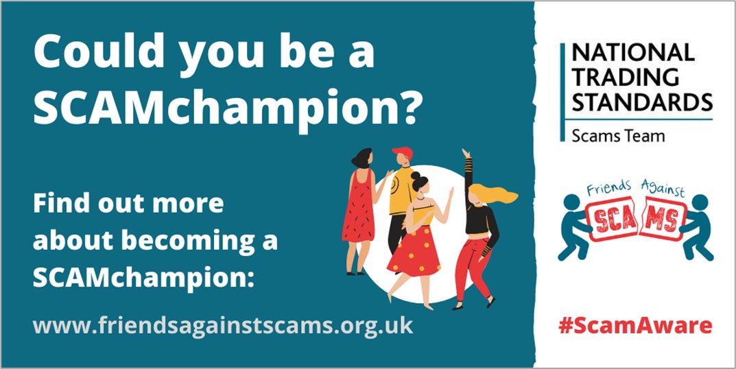 Have you become a Friend and want to share that knowledge with others?
Gain the skills and access the resources by becoming a SCAMchampion today, sign up here friendsagainstscams.org.uk/scamchampions
#ScamAware

SCAMchampion