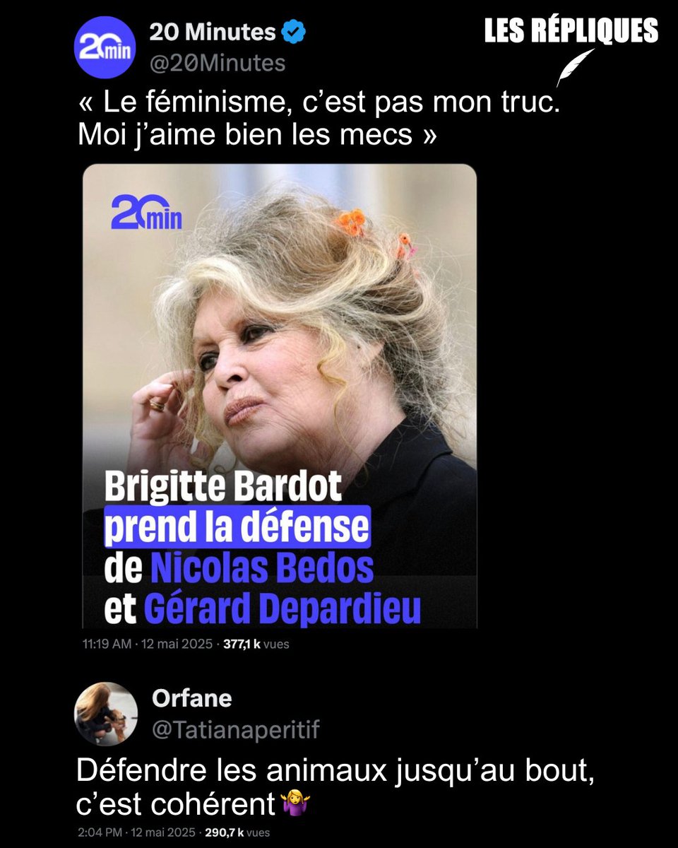 Dans une interview accordée à BFMTV, l’ancienne actrice Brigitte Bardot, connue pour ses prises de position d’extrême droite, a pris la défense de Nicolas Bedos et Gérard Depardieu, adoptant un discours ouvertement antiféministe

<a href="/Tatianaperitif/">Orfane</a>