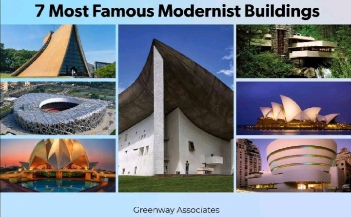 7 iconic buildings that changed the world and redefined modern architecture:

1) Notre Dame du Haut, France 
2) Fallingwater, USA
3) Guggenheim Museum, USA
4) Luce Memorial Chapel, Taiwan
5) Sydney Opera House, Australia
6) Lotus Temple, India
7) Beijing National Stadium, China