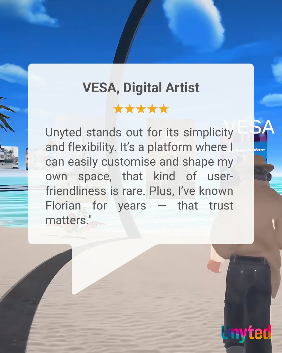 🧠 Digital Artist VESA on why he chose Unyted:
“Simplicity, flexibility, full control—plus, trust in the people behind it.”
Create your own 3D space. Book a free demo: bit.ly/3PM20LI
#Unyted #Web4 #VirtualCreativity #DigitalSpaces
