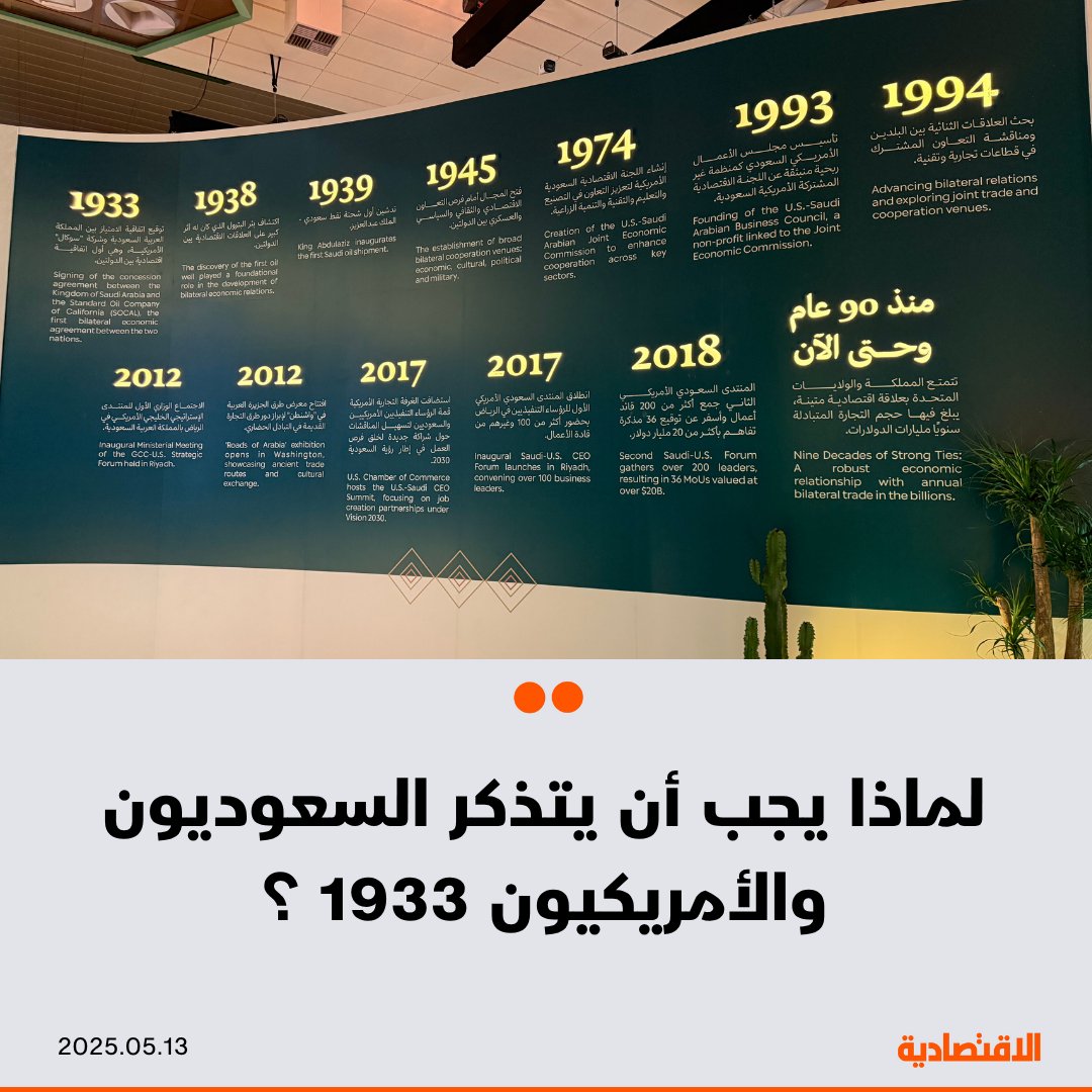 يحضر العام 1933 بشكل لافت على جدارية في واحة الإعلام المخصصة لزيارة الرئيس الأمريكي إلى #السعودية، فما قصة هذا العام، ولماذا يعتبر تاريخ مفصلي في علاقات الرياض وواشنطن الممتدة على مدار 9 عقود ؟

<a href="/afnan_abdullaa/">Afnan</a> 
<a href="/lamis_m28/">Lamis Alqhtani</a>

aleqt.com/2025/05/13/art…

#القمة_السعودية_الأمريكية