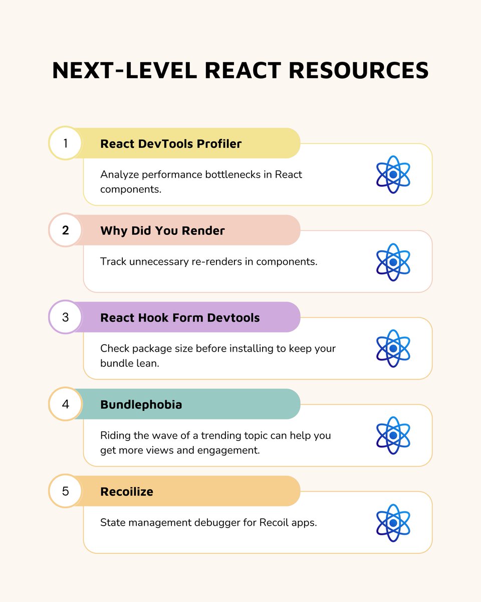 CoderGallery's tweet photo. React Tools to Boost Your Workflow

React DevTools Profiler
🔗 https://t.co/k4dmSLJSj1

Why Did You Render

🔗 https://t.co/lLLtdwfN0d

React Hook Form Devtools

🔗 https://t.co/oKHzeDH3x4

Bundlephobia

🔗 https://t.co/2L86cWJ5gU

Recoilize

🔗 https://t.co/58b1Cx1OTN https://t.co/y9mZOOfuCY
