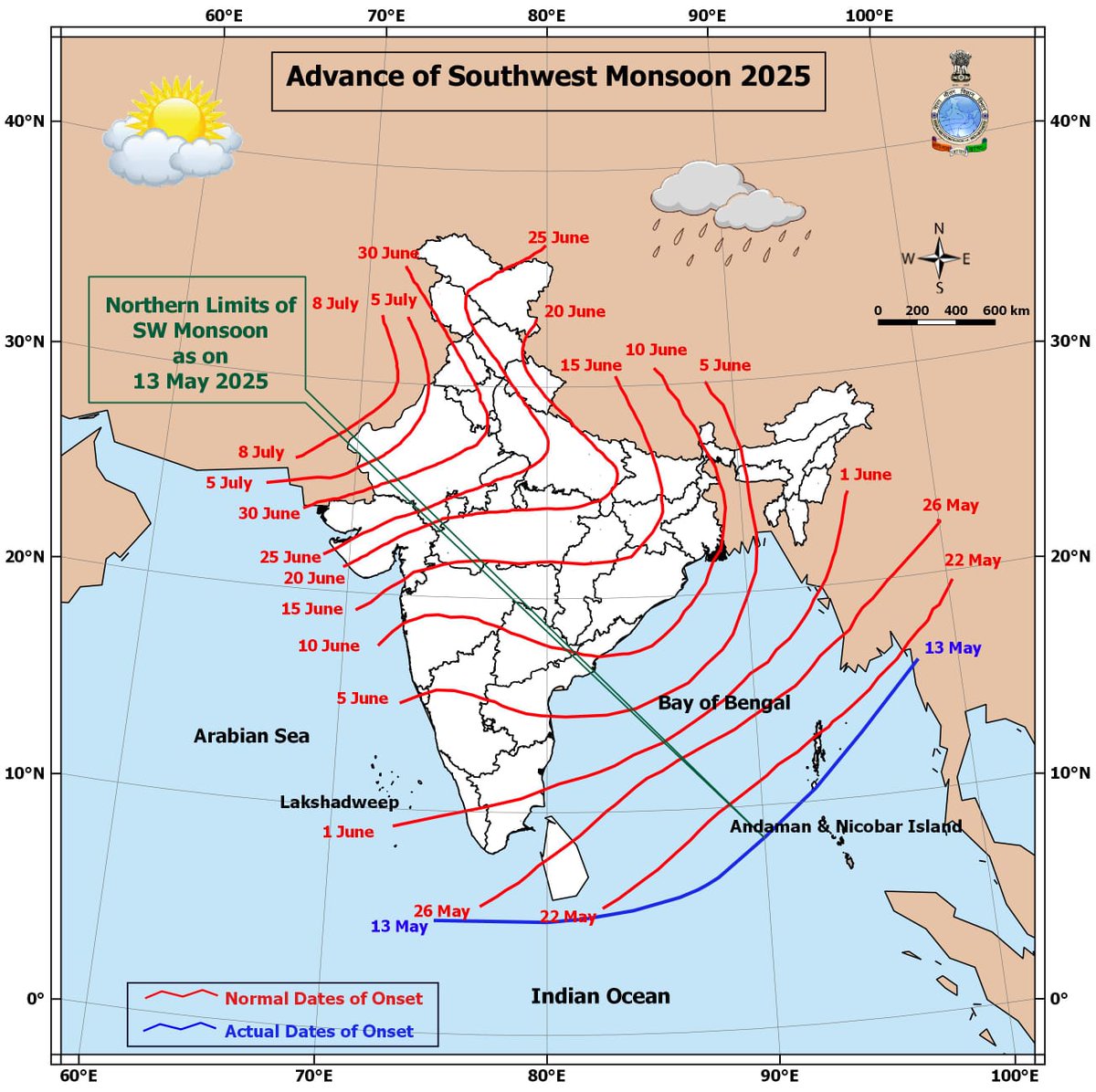 🌈आनंदाची बातमी:
मान्सून अंदमानात दाखल..!

हिरव्या रेषेद्वारे दाखवल्याप्रमाणे, दक्षिण-पश्चिम मान्सून आज, १३/०५/२०२५ रोजी अंदमानात दाखल झाला आहे.
#मॉन्सून