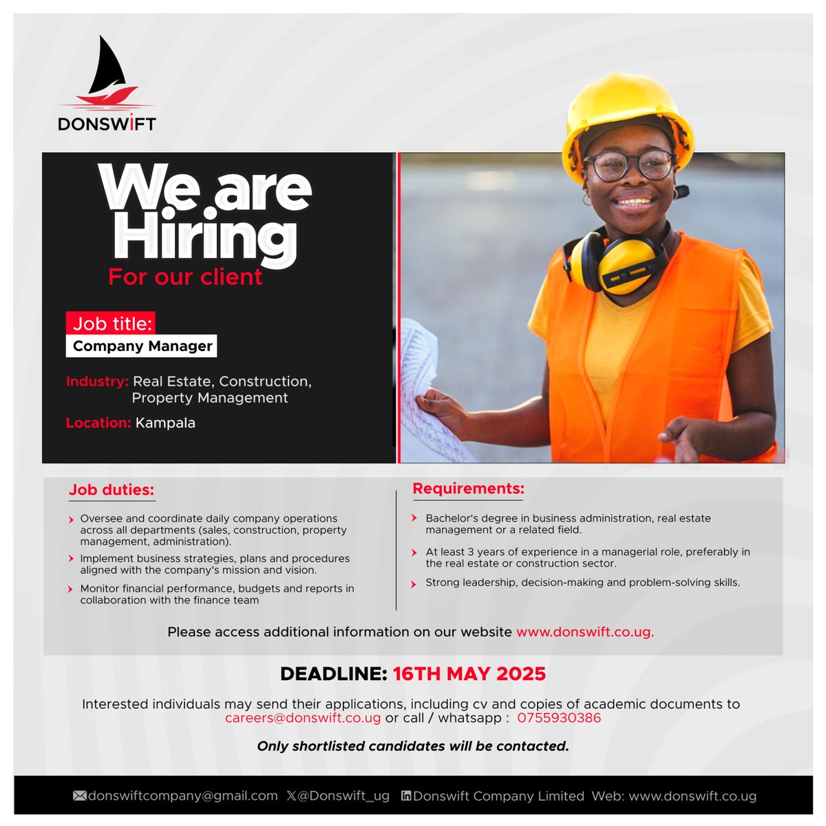 Donswift Company Ltd (@donswift_ug) on Twitter photo 📍 Deadline Extended
New Deadline ;16th May 2025
Apply now: careers@donswift.co.ug
For more details: donswift.co.ug/jobs/company-m…
#JobOpportunity #NowHiring #RealEstateJobs #LeadershipRoles 📍 Deadline Extended
New Deadline ;16th May 2025
Apply now: careers@donswift.co.ug
For more details: donswift.co.ug/jobs/company-m…
#JobOpportunity #NowHiring #RealEstateJobs #LeadershipRoles