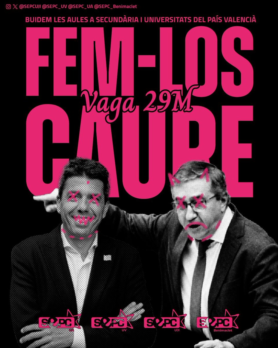 ❗VAGA ESTUDIANTIL #29M AL PAÍS VALENCIÀ❗

Les estudiants d'arreu del País Valencià buidem les aules d'universitats i secundària per fer caure a tots els responsables de la nostra misèria.

En aquesta vaga ens hi juguem el futur, com a poble i com a classe.

FEM-LOS CAURE!
