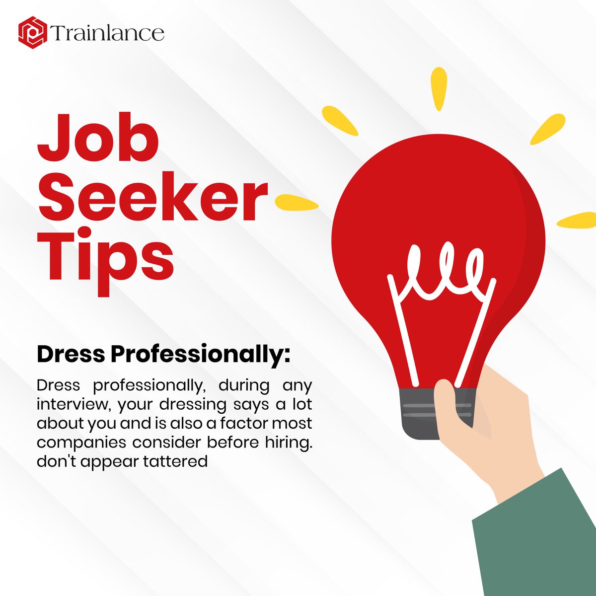 trainlance_'s tweet photo. Your Dressing is a Major Factor that is considered during interviews.
Show up nicely, always dress appropriately.
#jobseekertips #tips #trainlance https://t.co/D1hWPz2taR