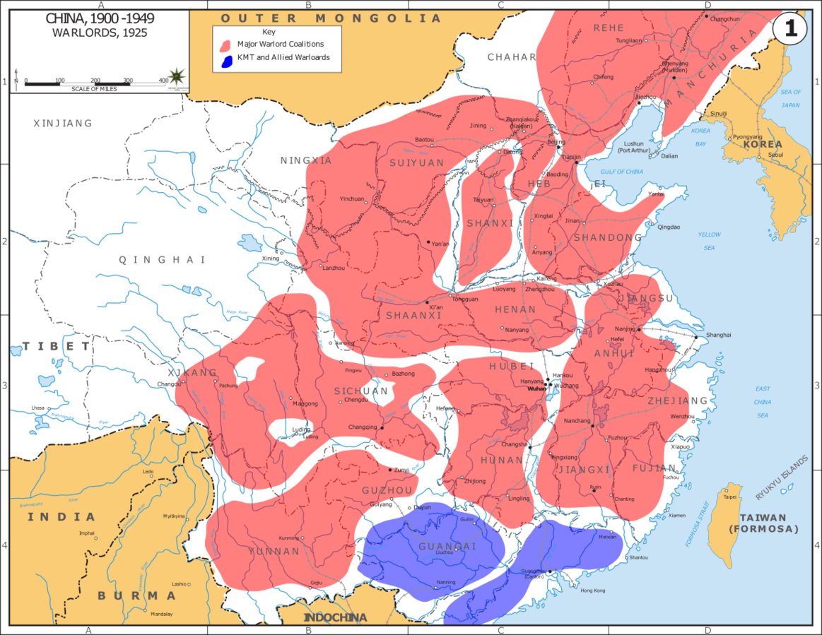 This is a map of China during its warlord era (1916 - 1928). There were all sorts of crazy warlords then - like the "Dogmeat General" and the "Christian General" (who "baptized" his troops with a fire hose).

When societies experience chaos for extended periods, order tends to be