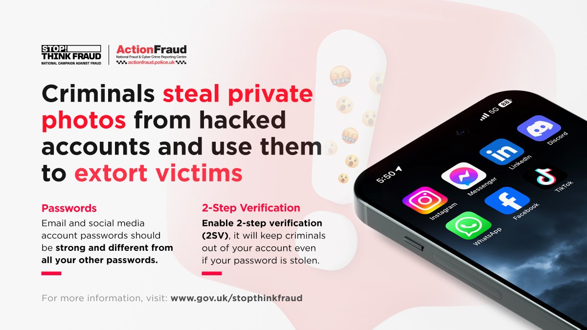 ⚠️Victims of email and social media account hacking reported being extorted by criminals who had stolen their personal photos and videos.

Find out how to secure your accounts with 2-step verification (2SV): ncsc.gov.uk/cyberaware/home