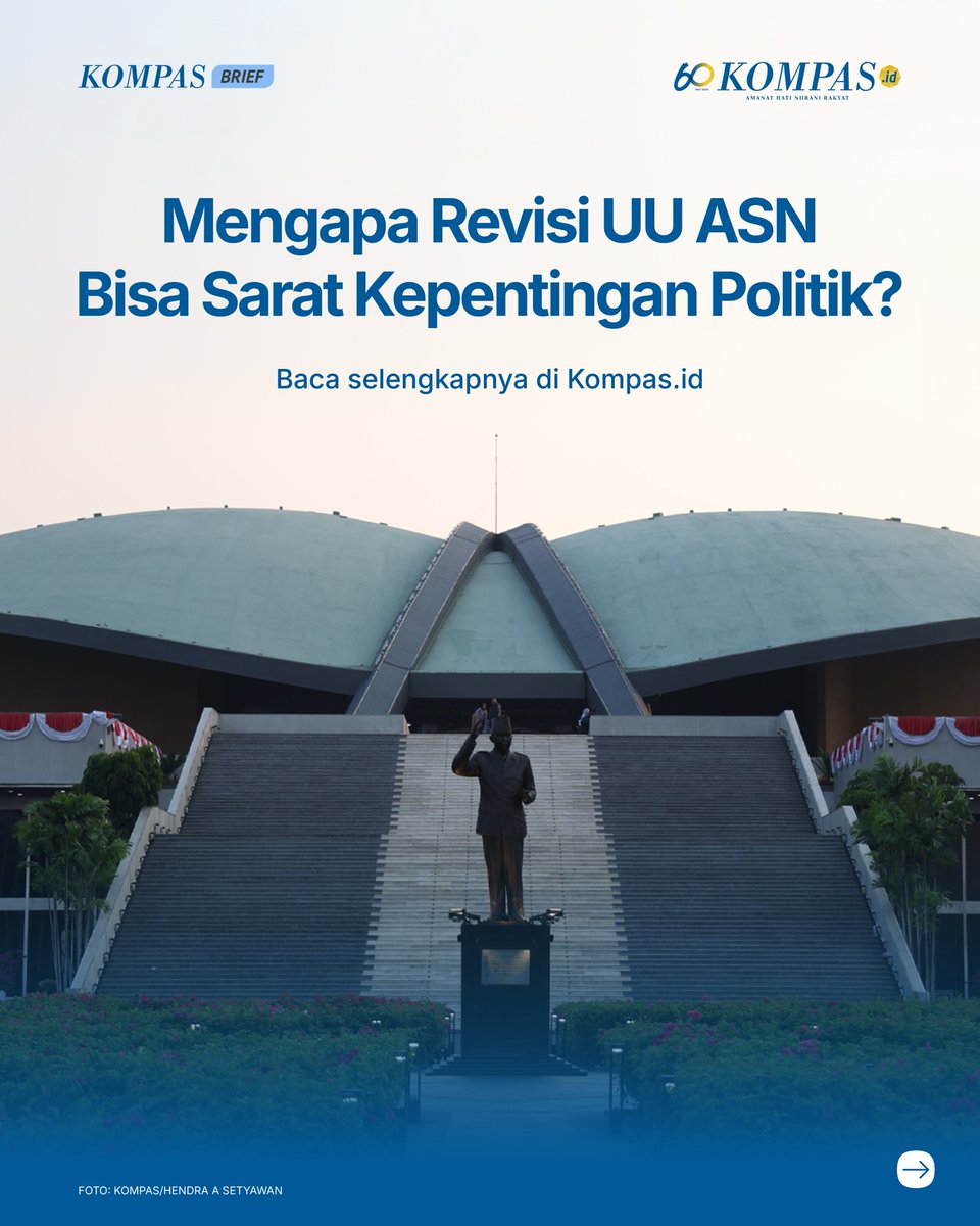 hariankompas's tweet photo. #UtasKompas 

Aroma kepentingan politik Pemilu 2029 tercium dari rencana revisi Undang-Undang Aparatur Sipil Negara atau UU ASN.

Melalui usulan perubahan sejumlah pasal, pemerintah pusat berwenang memutasi ASN yang menduduki sejumlah jabatan strategis di kementerian hingga pemerintah daerah. Jika disetujui, pejabat dan ASN beserta segenap kewenangan dan sumber daya negara yang melekat di birokrasi rentan dimobilisasi bagi kepentingan pemenangan pemilu penguasa.

Apalagi kini sudah tak ada Komisi Aparatur Sipil Negara. Pengawasan pada ASN diserahkan kepada instansi pemerintah sendiri, yakni di Kementerian Pendayagunaan Aparatur Negara dan Reformasi Birokrasi.

Simak #KompasBrief selengkapnya dalam utas ini.
🔗 https://t.co/c9tN0wey00

#Kompas60 #MencerahkanLintasGenerasi #UUASN