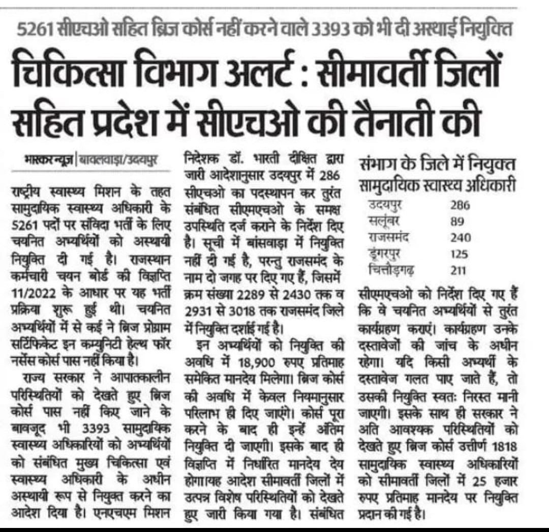 CHO को आपातकाल स्थिति के अंदर जॉइनिंग दी गई थी...

परन्तु अब कंडीशन नॉर्मल हो गई है तो फिर क्यों उनको इतनी दूर जोइनिंग दी जा रही....

जिन्होंने ब्रिज कोर्स कर रखा है उनको भी और जिन्होंने नहीं कर रखा उनको भी बिना किसी मेरिट चॉइस के सीधी पोस्टिंग दे दी गई....

जहाँ तक हो सके इनको