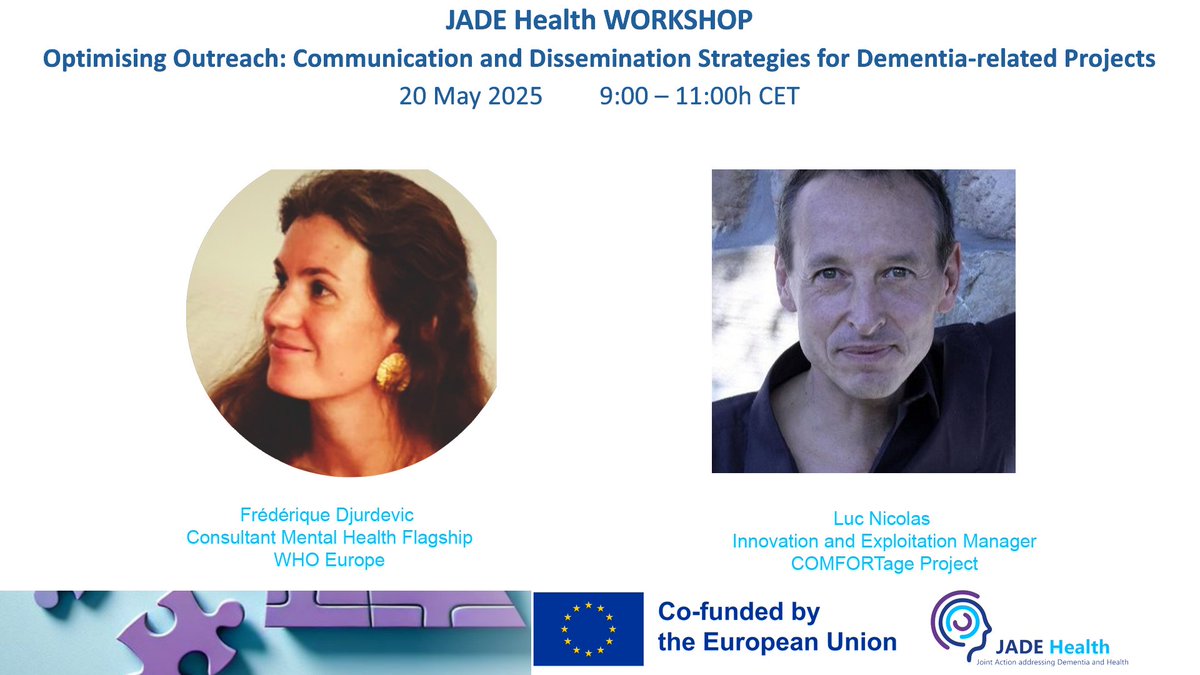 ️Don’t miss it! Learn about the #MentalHealth  Flagship of <a href="/WHO_Europe/">WHO/Europe</a>  from Frederique Djurdevic. Be part of a conversation to create communication strategies to transform dementia care with an expert like Luc Nicolas, <a href="/comfortage_eu/">COMFORTage | Horizon EU Project</a> 
Details &amp; Register: jadementia.eu/news/newsdetai…