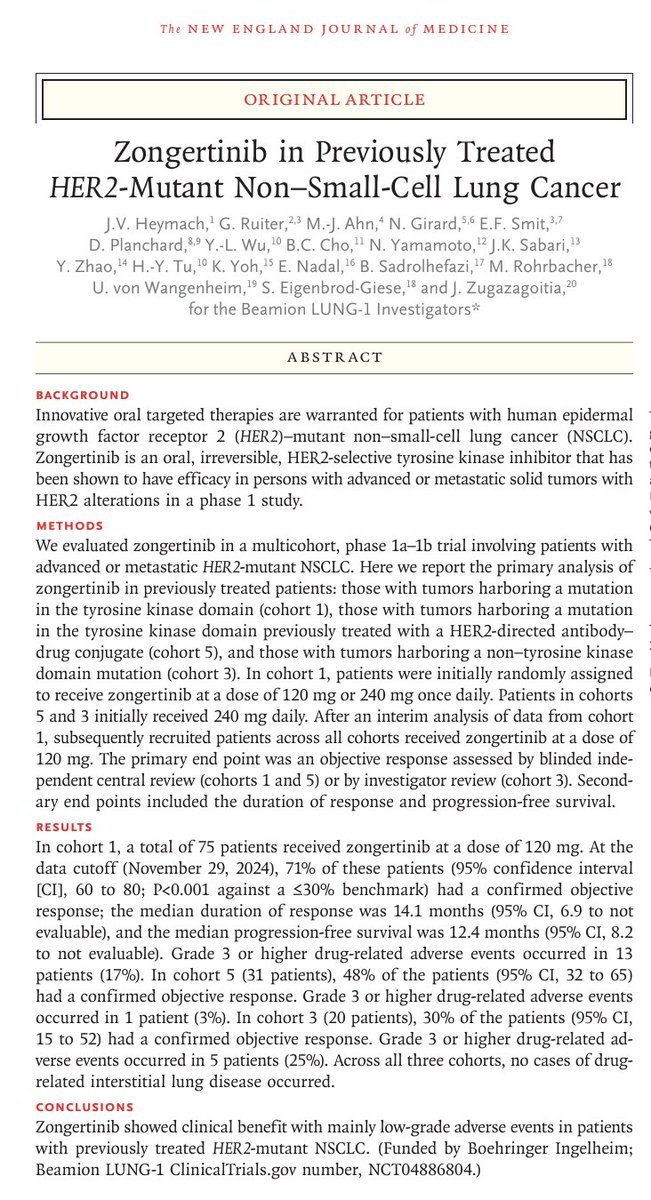 Phase1_NCCH's tweet image. 当科の山本昇医師らによる論文がNew England Journal of Medicine誌に掲載されました。第Ia-b相試験において、既治療非小細胞肺がん(NSCLC)に対するHER2特異的TKIゾンゲルチニブの高い有効性と安全性が報告されました。@NEJM
nejm.org/doi/full/10.10…
