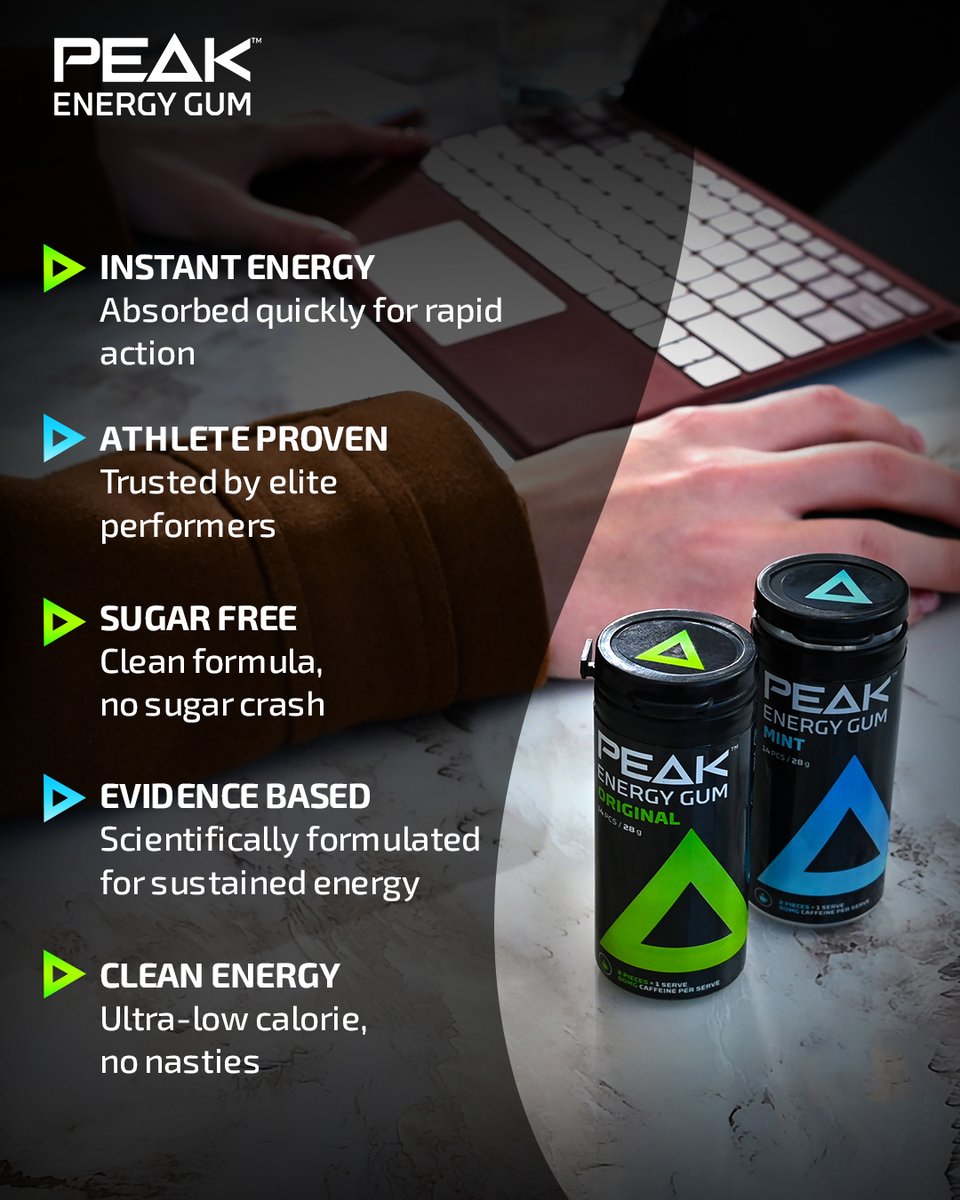 5 reasons to switch to 💥 PEAK Energy Gum:
⚡ Instant energy
🏅 Athlete approved
🙌 Sugar-free
🔬 Evidence-based
✅ Clean, low-cal formula

Fuel your focus, anytime, anywhere. 🚀
#peakenergygum #energyboost #focusfuel #chewandgo #cleanfuel #stayready