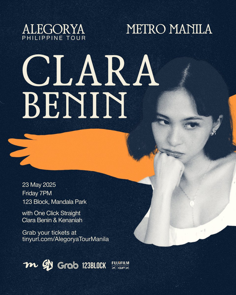 Assured memorable night with <a href="/clarabeninmusic/">cb</a> ✨
Mas memorable if may kasama ka! 😉 🎟
tinyurl.com/AlegoryaTourMa…

Co-presented by: 
<a href="/GabiNaNamanProd/">GNN Productions</a> 
<a href="/grabph/">Grab Philippines</a> 
123 Block
Fujifilm Philippines