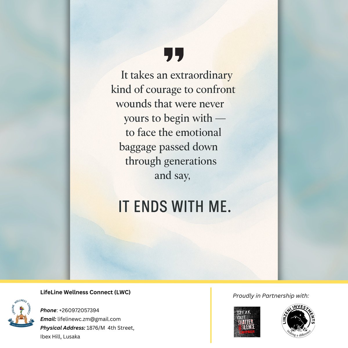 Lifeline Wellness Connect (@lifelinewc_zm) on Twitter photo ๐ ๐๐ฟ๐ฒ๐ฎ๐ธ๐ถ๐ป๐ด ๐๐ต๐ฒ ๐๐๐ฐ๐น๐ฒ: "๐๐ ๐๐ป๐ฑ๐ ๐ช๐ถ๐๐ต ๐ ๐ฒ"
To those choosing to heal from generational trauma, instead of repeat, we see you.
Ending generational pain is a brave act of love and every cycle broken creates space for something better.
#ItEndsWithMe ๐ ๐๐ฟ๐ฒ๐ฎ๐ธ๐ถ๐ป๐ด ๐๐ต๐ฒ ๐๐๐ฐ๐น๐ฒ: "๐๐ ๐๐ป๐ฑ๐ ๐ช๐ถ๐๐ต ๐ ๐ฒ"
To those choosing to heal from generational trauma, instead of repeat, we see you.
Ending generational pain is a brave act of love and every cycle broken creates space for something better.
#ItEndsWithMe