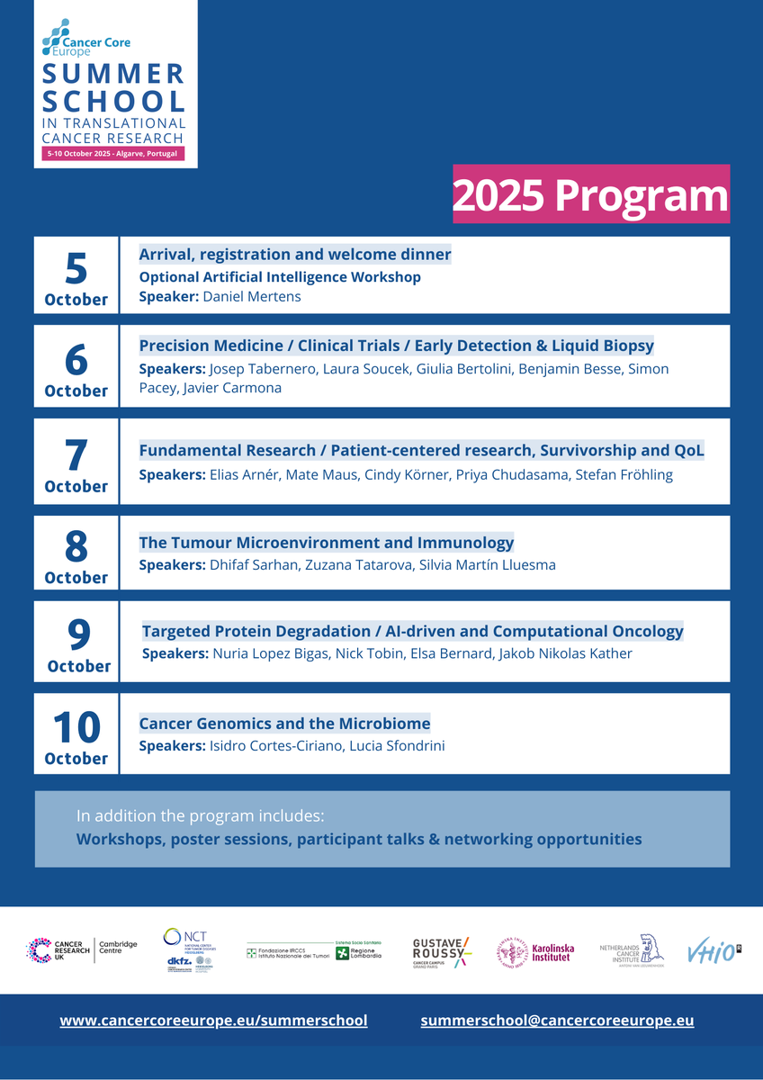 CRUK Cambridge Centre (@crukcamcentre) on Twitter photo 📢 Applications to the <a href="/CancerCoreEU/">Cancer Core Europe</a> Summer School in Translational Cancer Research (Oct 5-10, 2025, Algarve, Portugal) close next week!
For more information and to apply visit ➡️ zurl.co/DrNdT
Application deadline: 23 May
#CCESummSchool25 📢 Applications to the <a href="/CancerCoreEU/">Cancer Core Europe</a> Summer School in Translational Cancer Research (Oct 5-10, 2025, Algarve, Portugal) close next week!
For more information and to apply visit ➡️ zurl.co/DrNdT
Application deadline: 23 May
#CCESummSchool25