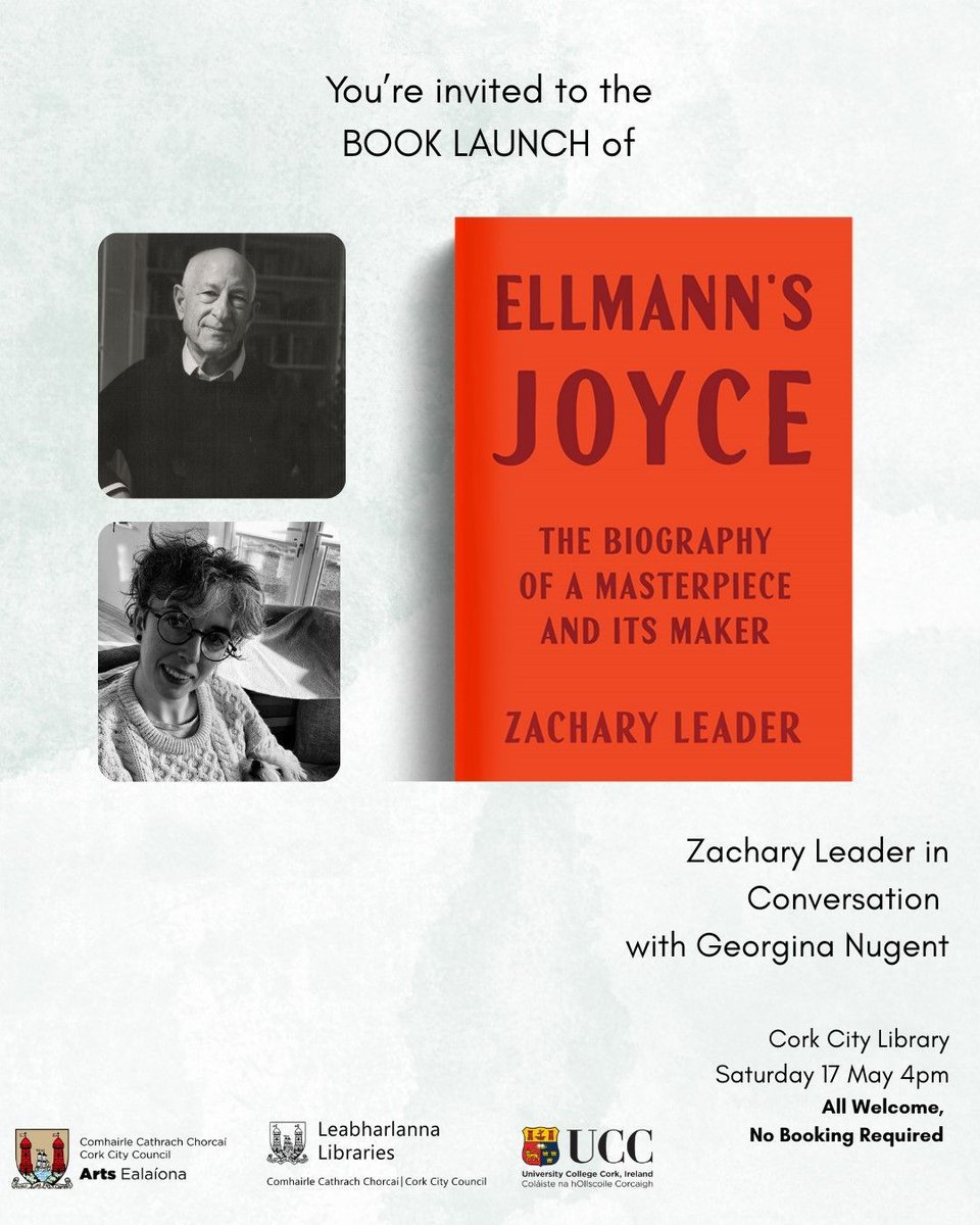Join us for the Book Launch of 'Ellmann's Joyce: The Biography of a Masterpiece and its Maker' by Zachary Leader. 

Zachary Leader will be in conversation Georgina Nugent. 

⏰ Saturday 17 May at 4.00pm in the City Library. 

This event is not to be missed!

#CorkCityLibraries