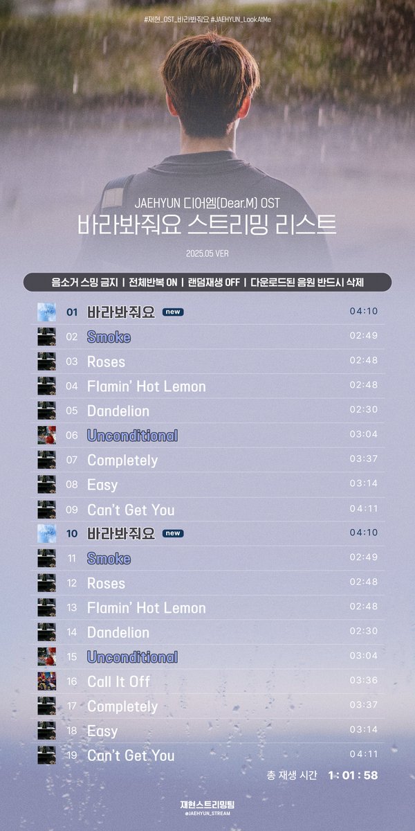 RT)📢 JAEHYUN 디어엠(Dear.M)OST

《 바라봐줘요 권장 스트리밍 리스트 》

#재현_OST_바라봐줘요
#JAEHYUN_LookAtMe
해시태그와 함께 많은 스밍인증 부탁드립니다(｡◠‿◠｡)

✨이미지 속 유의사항 확인 후, 타래의 권장 스트리밍 리스트대로 스밍해주세요.

#JAEHYUN #재현