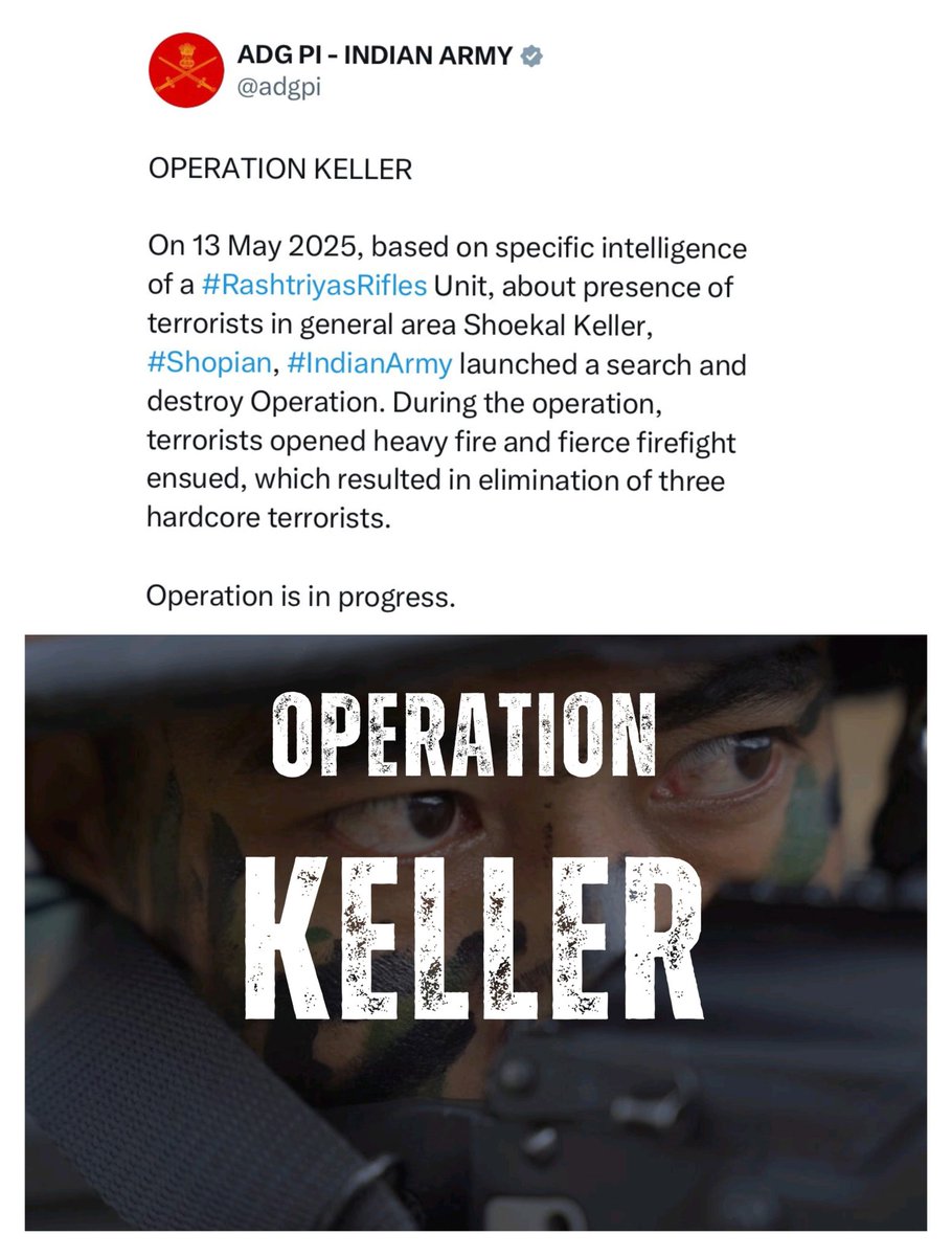 RS_Alawe6060's tweet photo. Proud of our #IndianArmy and #RashtriyaRifles for their bravery during Operation Keller in Shoekal Keller, #Shopian.
hardcore terrorists eliminated in a fierce firefight.
#ceasefire
#rediation
Salute to our forces keeping the nation safe.
Jai Hind. https://t.co/ZtYUgm26aS