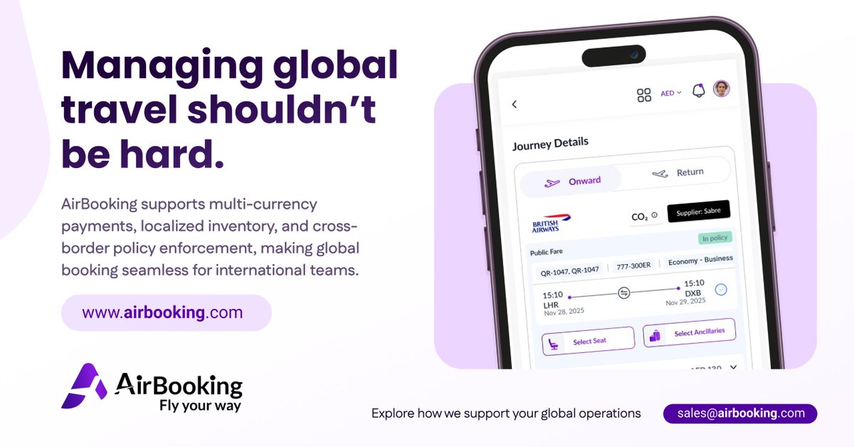 AirBookingUAE's tweet image. Managing global travel is easy with Airbooking multi-currency, local content &amp;amp; cross-border policies in one platform.
Book a demo today.
#GlobalTravelManagement #AirbookingSolutions #MultiCurrencySupport #TravelPolicyEnforcement #SeamlessTravel
