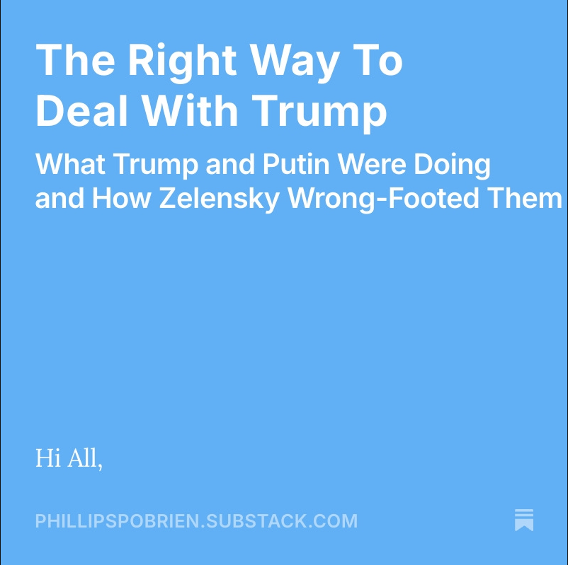 Hi all, just sent out this post. Trump and Putin tried very hard to corner Zelensky and put him in a terrible position. In return he has shown that the best way to deal with both bullies is to stand up to them and dont play by their rules. Its a lesson Europe must learn now.