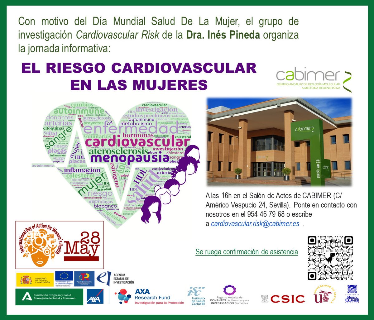 Fundación Progreso y Salud (@fprogresoysalud) on Twitter photo Con motivo del Día Mundial de la Salud de la #Mujer, nuestra investigadora en <a href="/cabimer/">Cabimer</a>, <a href="/inespinedatorra/">Prof Inés Pineda-Torra 🇪🇺🇪🇸🇺🇦</a>, organiza una sesión informativa sobre el riesgo #cardiovascular en las mujeres.
🗓️28 de mayo
⏰16.00
Confirmar asistencia en 954467968 o en cardiovascular.risk@cabimer.es Con motivo del Día Mundial de la Salud de la #Mujer, nuestra investigadora en <a href="/cabimer/">Cabimer</a>, <a href="/inespinedatorra/">Prof Inés Pineda-Torra 🇪🇺🇪🇸🇺🇦</a>, organiza una sesión informativa sobre el riesgo #cardiovascular en las mujeres.
🗓️28 de mayo
⏰16.00
Confirmar asistencia en 954467968 o en cardiovascular.risk@cabimer.es