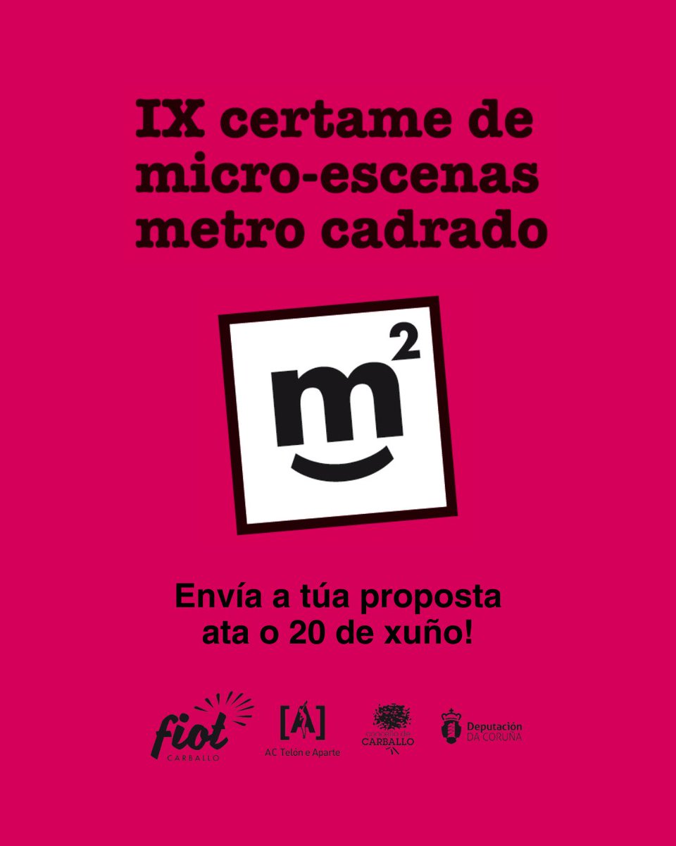 Tes unha idea de microteatro? Envía a túa proposta ao IX Certame de Micro-Escenas M²!

 🗓 Prazo de presentación: ata o 20 de xuño
 
🔗 fiot.gal/convocatoria-c…