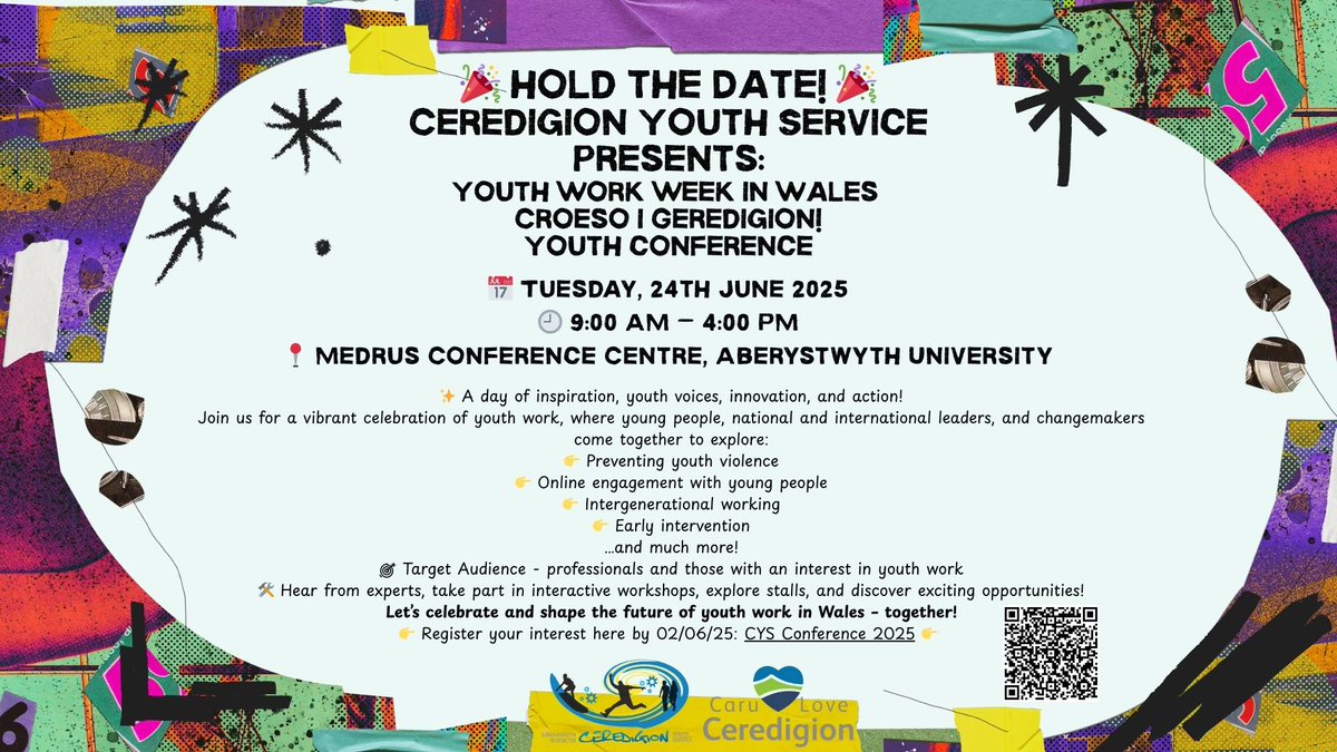 🌟 Ceredigion Youth Conference 2025 🌟

📅 Tuesday, 24 June | 🕘 9AM – 4PM
📍 Medrus Conference Centre, Aberystwyth University
🎯 For professionals, young people and anyone interested in youth work.
📩 Register your interest by 2 June!
#YouthWorkWeekWales #Ceredigion2025