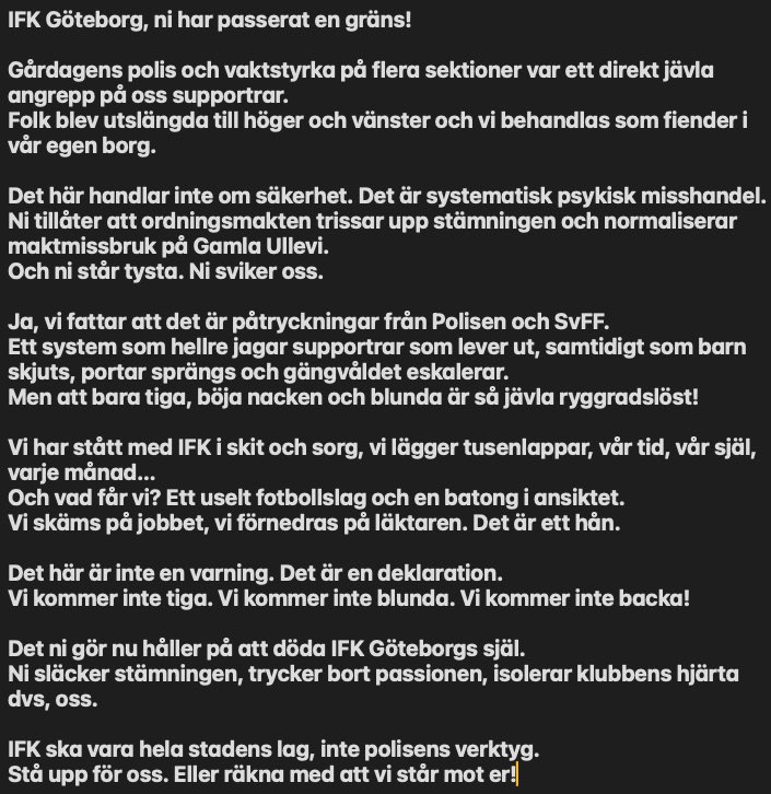 Skrev av min frustration lite, den här upptrappningen får inte fortsätta <a href="/IFKGoteborg/">IFK Göteborg</a> #ifkgbg
