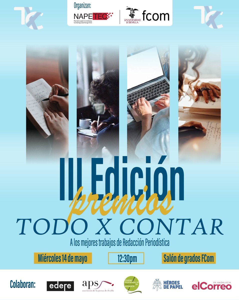 Asoc. Prensa Sevilla (@aprensasevilla) on Twitter photo 🔊¡Gala <a href="/todoxcontar/">todoxcontar</a> de la <a href="/FCom_US/">Facultad de Comunicación, Universidad de Sevilla</a>!
Los mejores trabajos de redacción periodística prensa serán galardonados en un acto que se celebrará mañana miércoles, 14 de mayo, a las 12.30 horas, en el Salón de Grados de la Facultad de Comunicación.
Entrada libre.
asociacionprensa.org/la-facultad-de… 🔊¡Gala <a href="/todoxcontar/">todoxcontar</a> de la <a href="/FCom_US/">Facultad de Comunicación, Universidad de Sevilla</a>!
Los mejores trabajos de redacción periodística prensa serán galardonados en un acto que se celebrará mañana miércoles, 14 de mayo, a las 12.30 horas, en el Salón de Grados de la Facultad de Comunicación.
Entrada libre.
asociacionprensa.org/la-facultad-de…