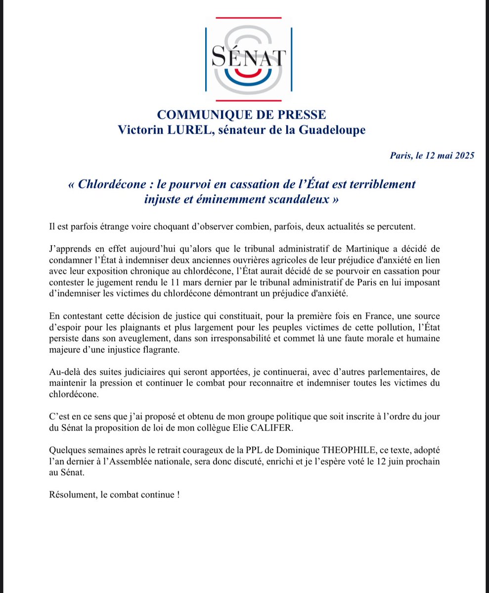 Victorin LUREL (@victorinlurel) on Twitter photo #Chlordecone : le pourvoi en cassation de l’Etat est terriblement injuste
Mais au-delà des suites judiciaires, le combat pour les victimes continue.
✅ j’ai donc proposé et obtenu de mon groupe politique <a href="/senateursPS/">Sénatrices et sénateurs socialistes 🇪🇺</a> que soit inscrite à l’ordre du jour du Sénat la #Chlordecone : le pourvoi en cassation de l’Etat est terriblement injuste
Mais au-delà des suites judiciaires, le combat pour les victimes continue.
✅ j’ai donc proposé et obtenu de mon groupe politique <a href="/senateursPS/">Sénatrices et sénateurs socialistes 🇪🇺</a> que soit inscrite à l’ordre du jour du Sénat la