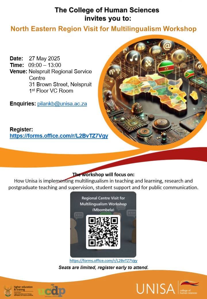 Invitation to the UNISA-DHET Workshop in promotion of multilingualism.
Use the following link to register:  forms.office.com/r/L2BvTZ7Vgy