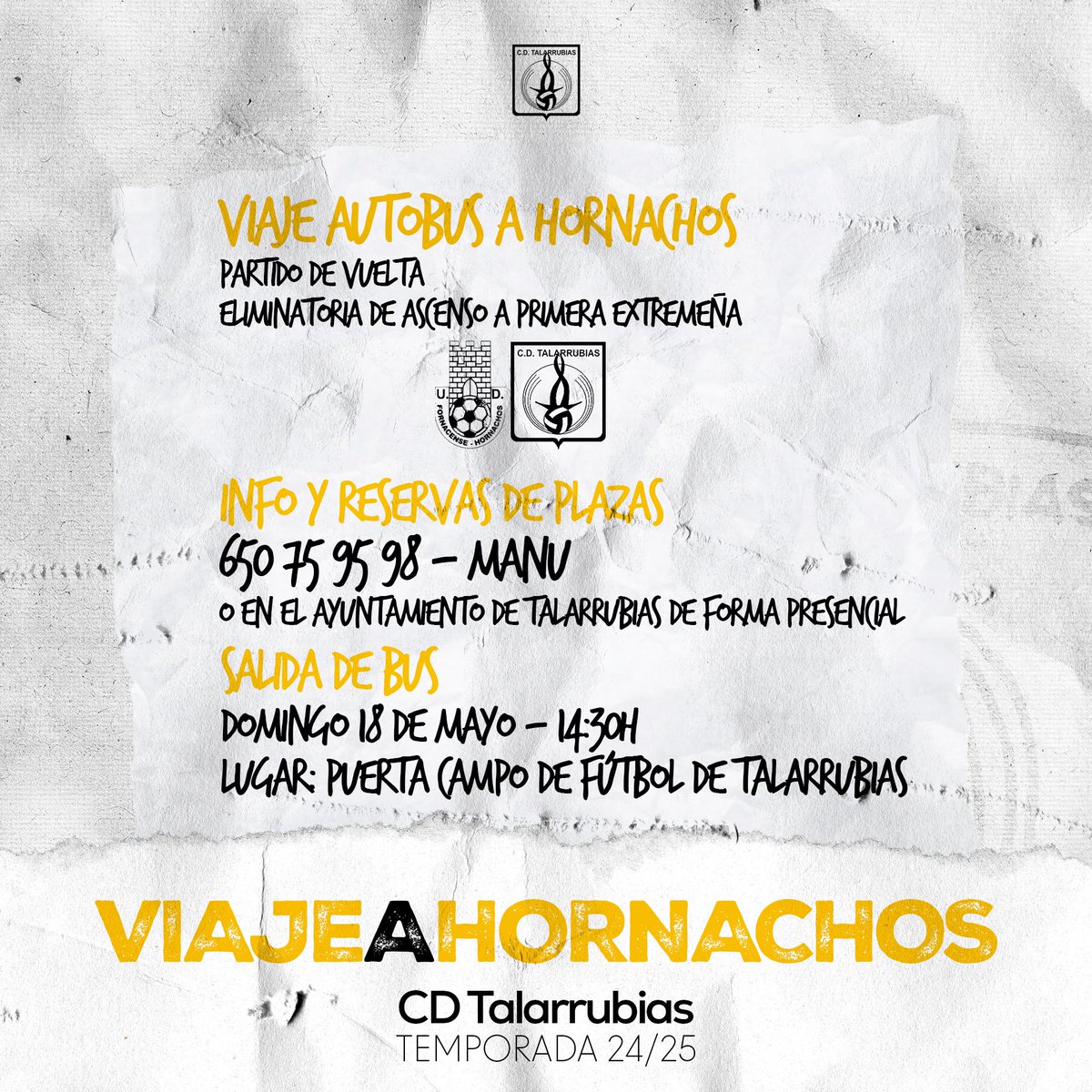 cdtalarrubias's tweet photo. ¡INFORMACIÓN PARA AFICIONADOS!🔴

¡Ponemos rumbo a Hornachos!💨

Os necesitamos más que nunca🙏

Tala yo te quiero…⏰ https://t.co/8yHN1FcKBM