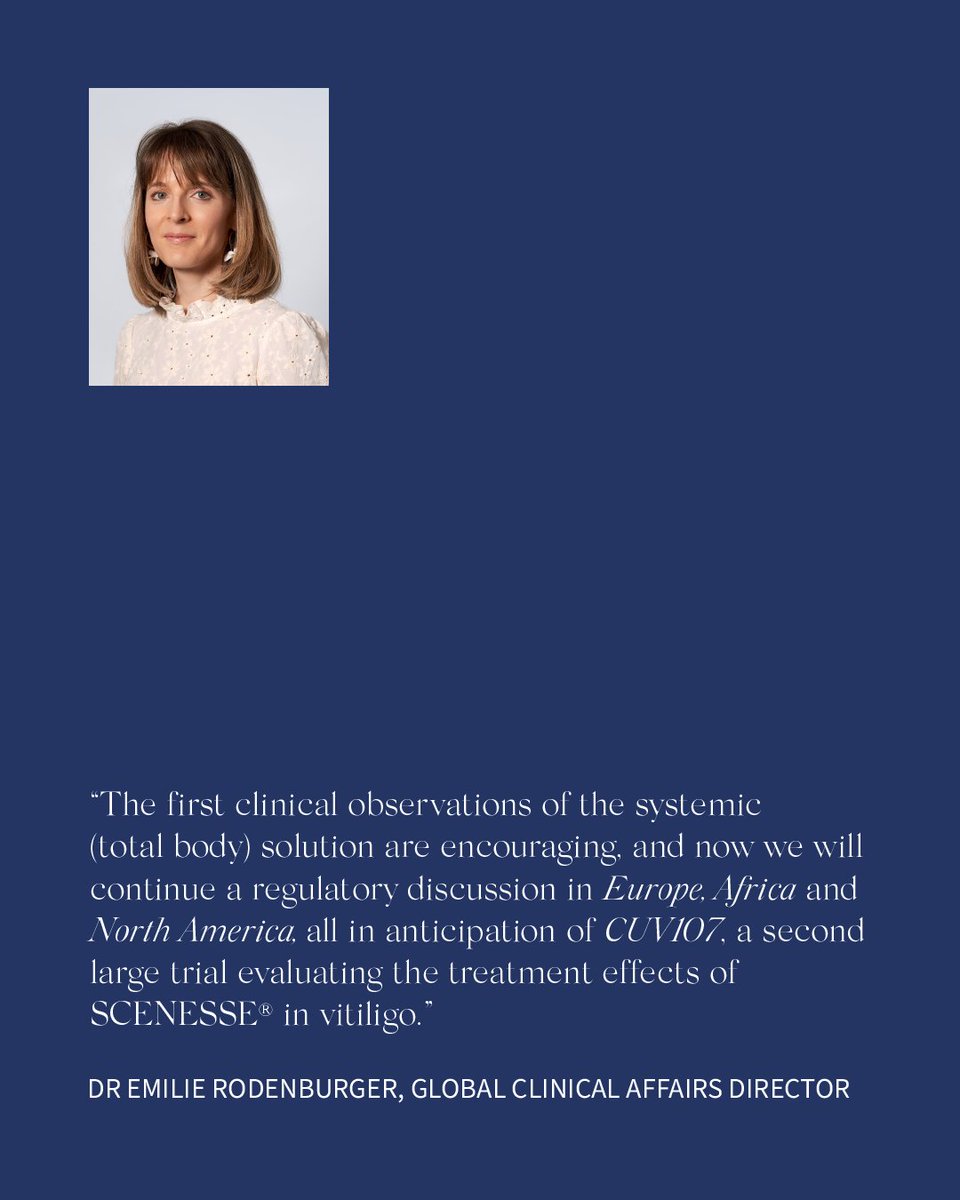 Last week, CLINUVEL announced that the Company has met its recruitment target in its phase III trial (CUV105) of SCENESSE® (afamelanotide 16mg) in vitiligo.

Learn more about CUV105 here: clinuvel.com/2025/05/clinuv…

$CUV.AX #Biotech #Biopharma #Vitiligo #ASX #Pharmaceuticals