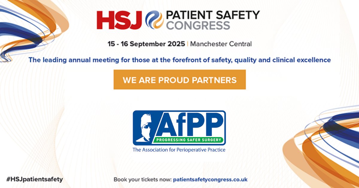 Patient Safety Congress & Awards (@hsjptsafety) on Twitter photo We’re proud to announce our association partnership with <a href="/SaferSurgeryUK/">AfPP - SaferSurgeryUK</a> !
Together, we’re strengthening our shared mission to improve perioperative safety and support learning across the NHS.
Join us at #HSJpatientsafety 👉shorturl.at/5e7rV We’re proud to announce our association partnership with <a href="/SaferSurgeryUK/">AfPP - SaferSurgeryUK</a> !
Together, we’re strengthening our shared mission to improve perioperative safety and support learning across the NHS.
Join us at #HSJpatientsafety 👉shorturl.at/5e7rV