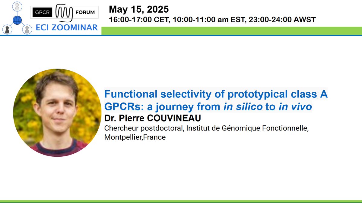 Are you interested in the functional selectivity of GPCRs? 
This week's Zoominar, on May 15th at 4 pm, features Dr. Pierre Couvineau from the Institut de Génomique Fonctionnelle (IGF). 
Looking forward to seeing you🙂!
#GPCR_Forum
#ECI_Zoominars
*PS: Join link can be sent via DM.