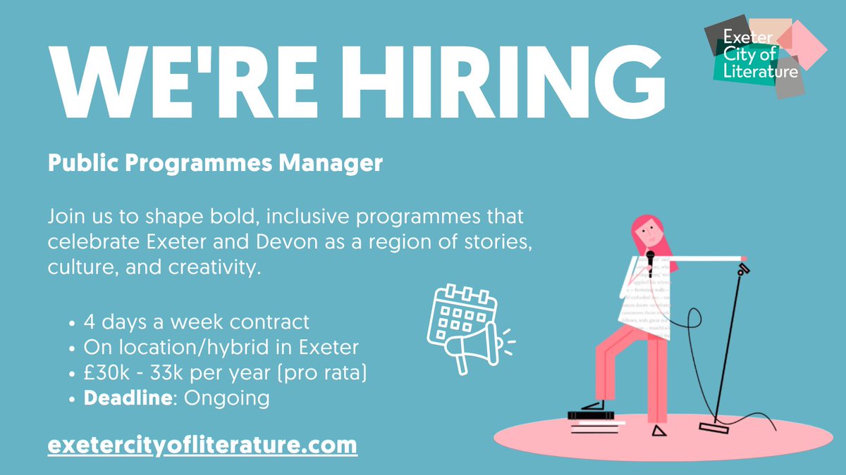 Exeter #CityofLiterature is hiring! Join us to shape bold, inclusive programmes that celebrate Exeter and Devon as a region of stories, culture, and creativity.

Find out more about the role and the application process on our website: exetercityofliterature.com/join-us#public…
