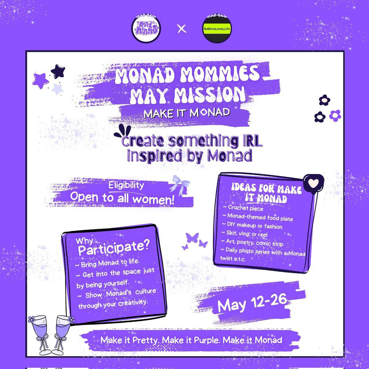 Girls, we’re launching our first ever Mommies Mission and we’re sooo excited 🤭.
make it monad is all about creating something irl, inspired by Monad, in your own unique way. There will be rewards 👀
Make it soft, make it real, make it Monad 💜✨.